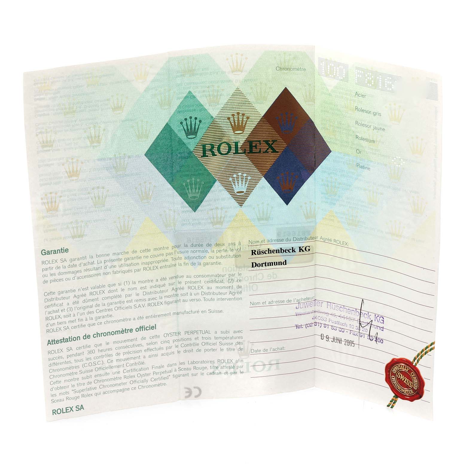 The image shows the warranty certificate for a Rolex Daytona 116518 Men's Yellow Gold Mother of Pearl Dial 116518 Men's Yellow Gold Mother of Pearl Dial watch with dealer information and an official seal.