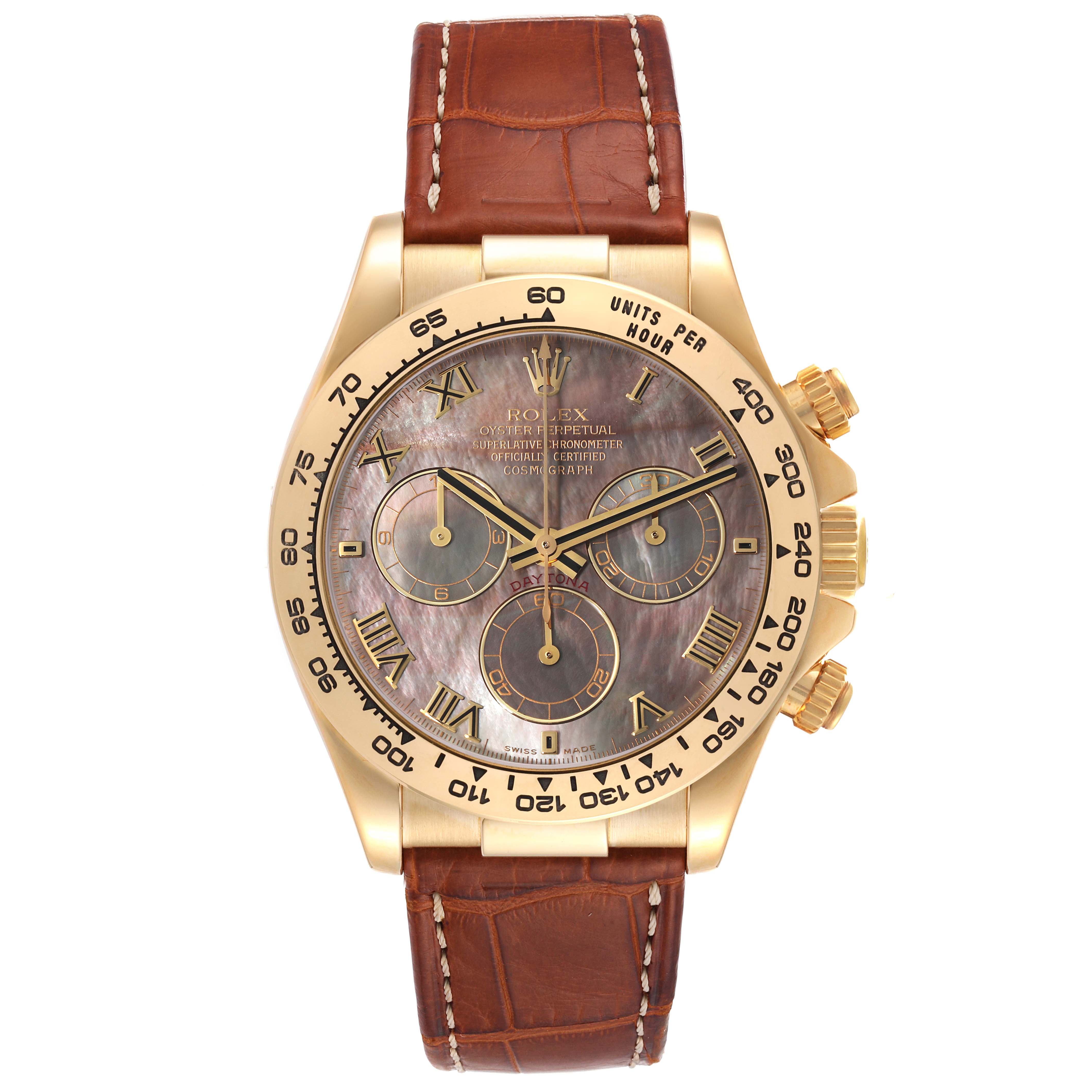 The image shows a Rolex Daytona 116518 Men's Yellow Gold Mother of Pearl Dial 116518 Men's Yellow Gold Mother of Pearl Dial watch, featuring its gold case, mother-of-pearl dial, and brown leather strap from a front angle.