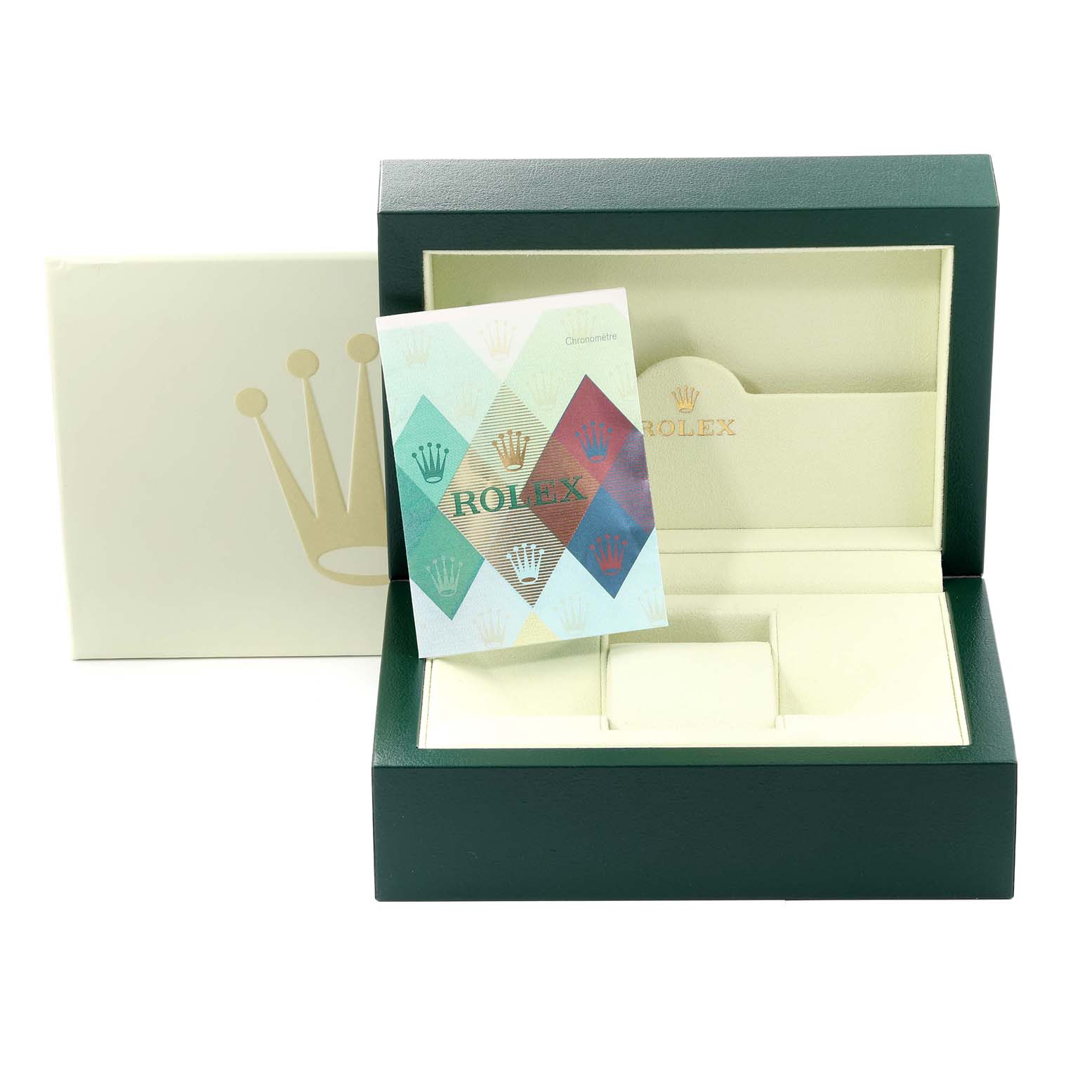 The image shows a Rolex Daytona 116518 Men's Yellow Gold Mother of Pearl Dial 116518 Men's Yellow Gold Mother of Pearl Dial watch box with a manual or booklet inside.