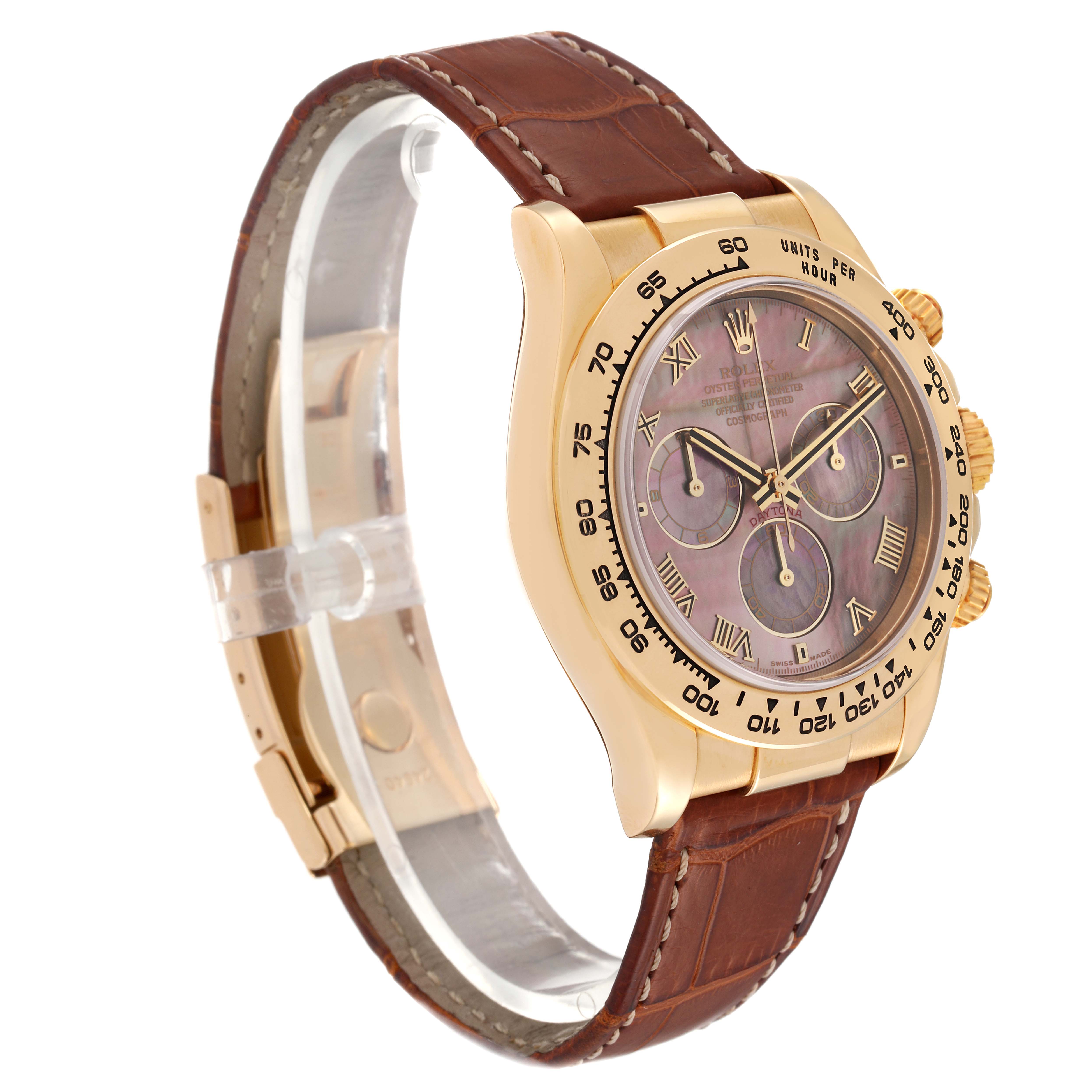 The image shows a side view of a Rolex Daytona 116518 Men's Yellow Gold Mother of Pearl Dial 116518 Men's Yellow Gold Mother of Pearl Dial watch featuring a brown leather strap and a yellow gold case with a multi-function dial.