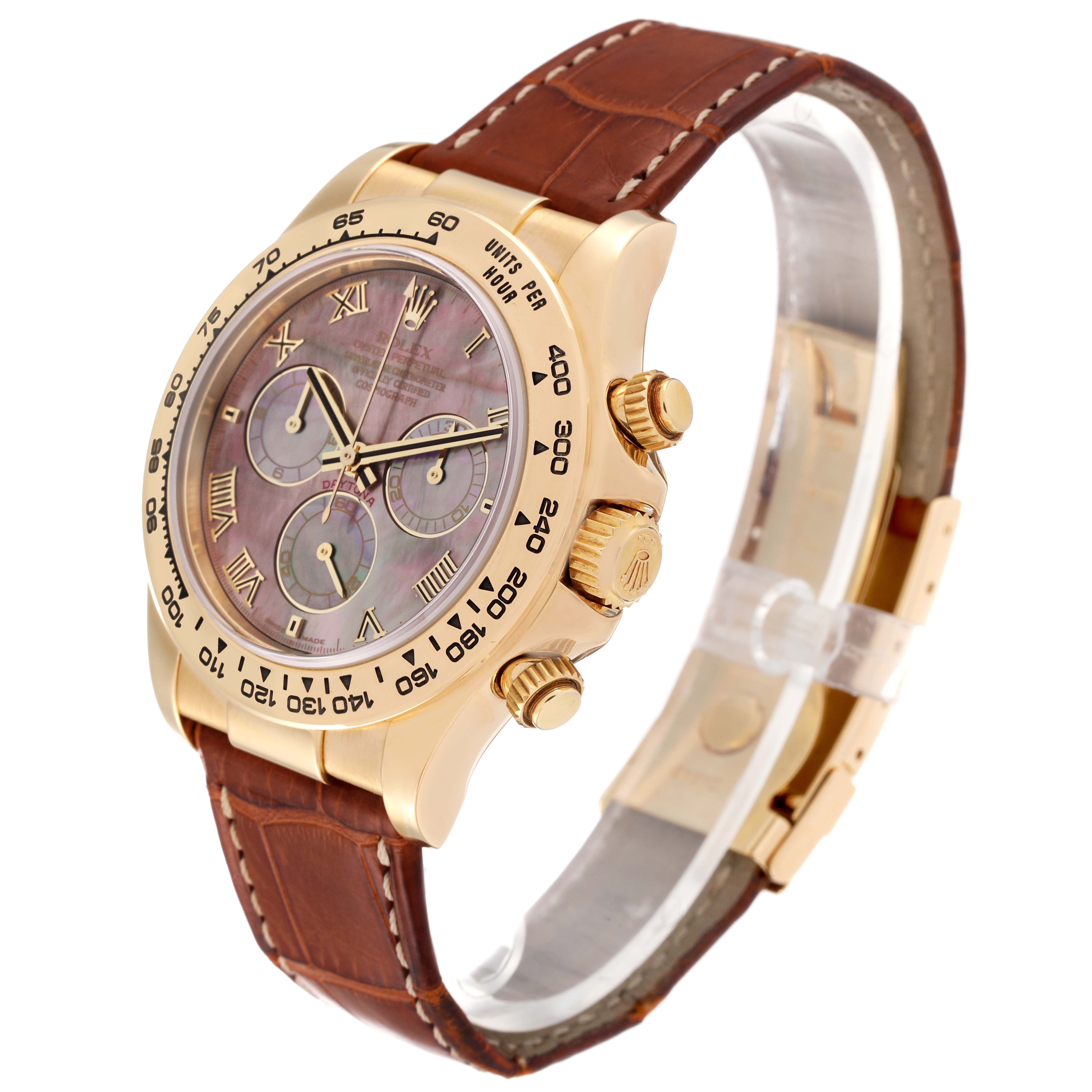 The Rolex Daytona 116518 Men's Yellow Gold Mother of Pearl Dial 116518 Men's Yellow Gold Mother of Pearl Dial watch is shown at an angle highlighting the face, bezel, crown, and brown leather strap.