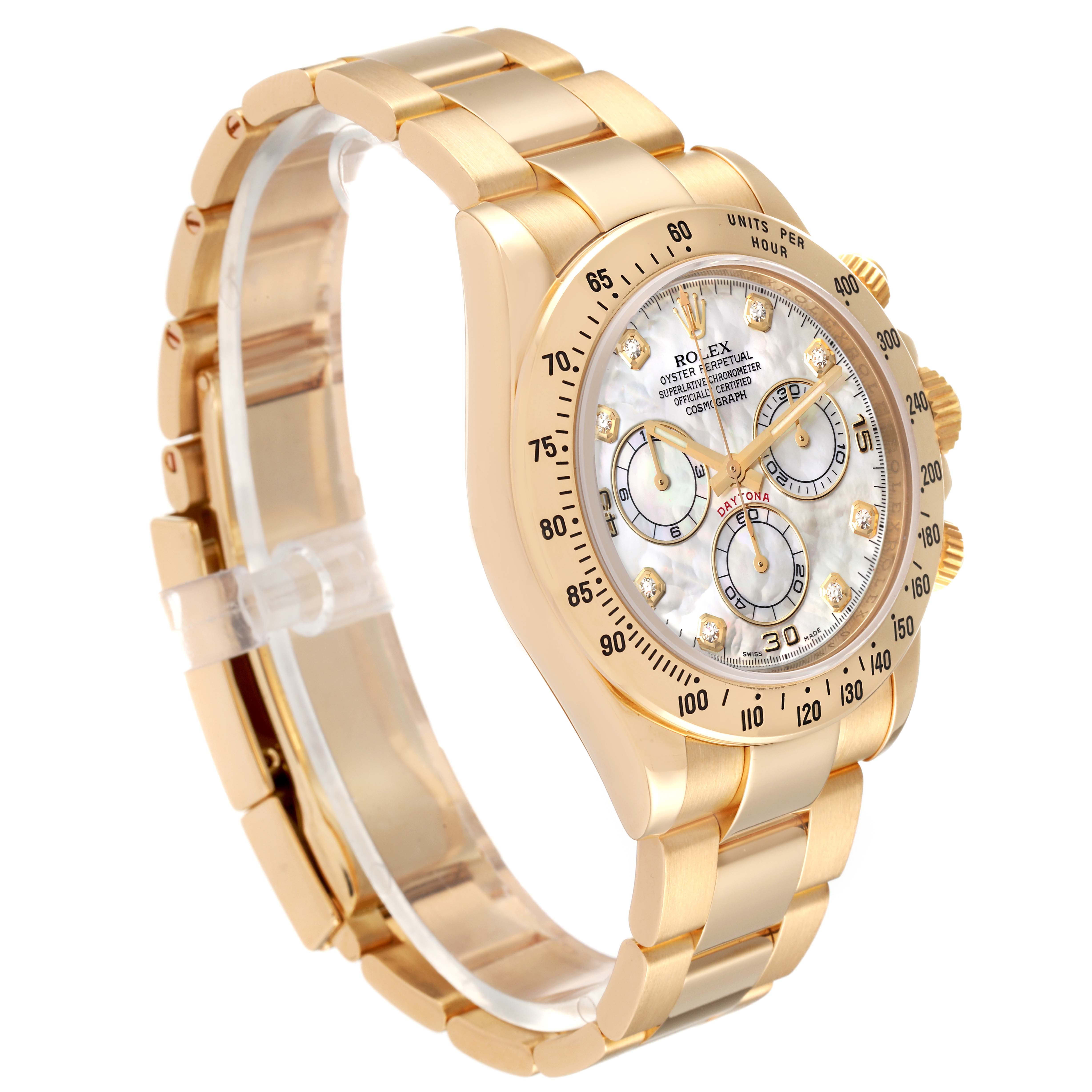 The image shows a Rolex Daytona 116528 Men's Yellow Gold Mother of Pearl Dial 116528 Men's Yellow Gold Mother of Pearl Dial watch at an angle, highlighting the dial, bezel, subdials, and the gold bracelet.