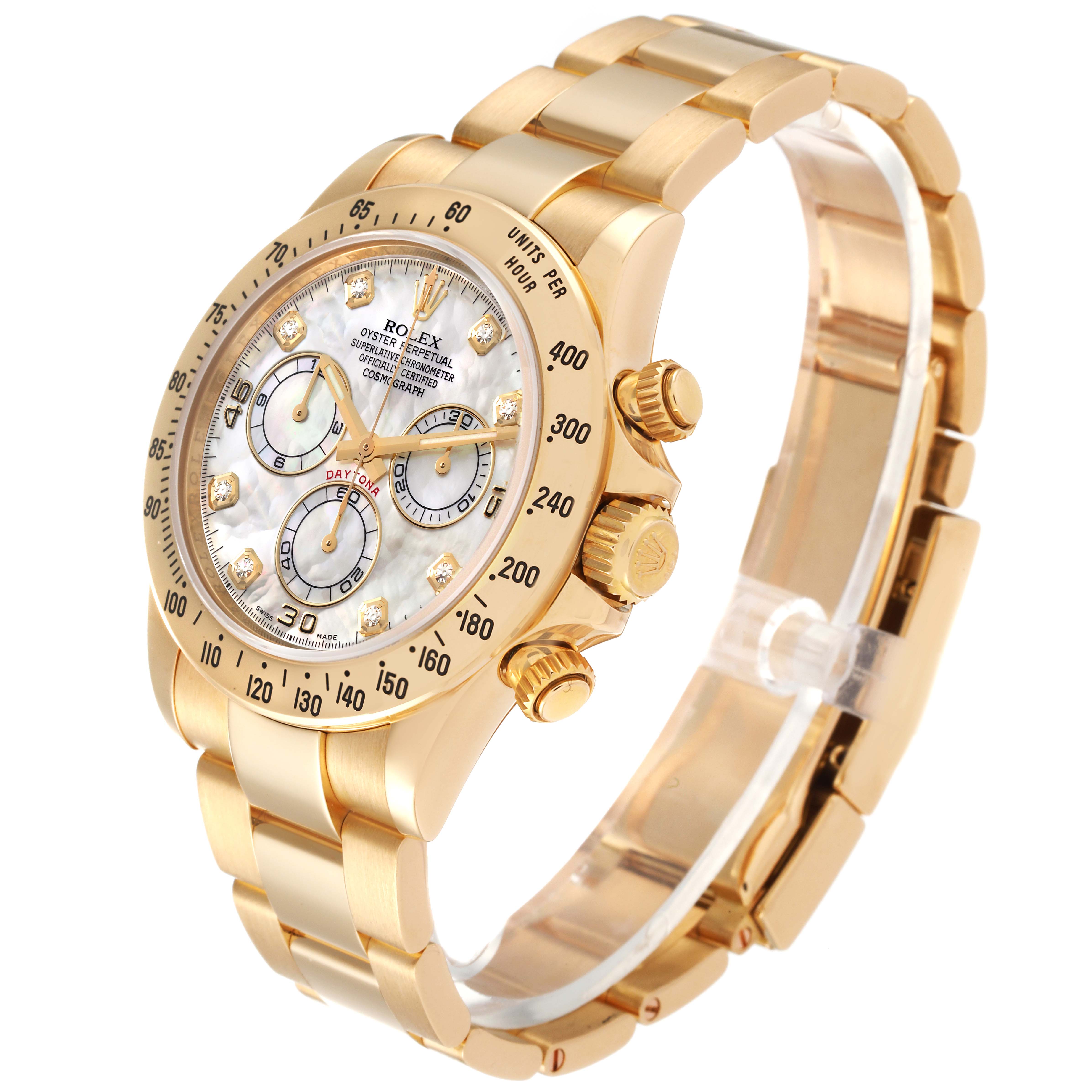 The Rolex Daytona 116528 Men's Yellow Gold Mother of Pearl Dial 116528 Men's Yellow Gold Mother of Pearl Dial watch is shown at an angle highlighting its gold case, bracelet, and bezel with three sub-dials.