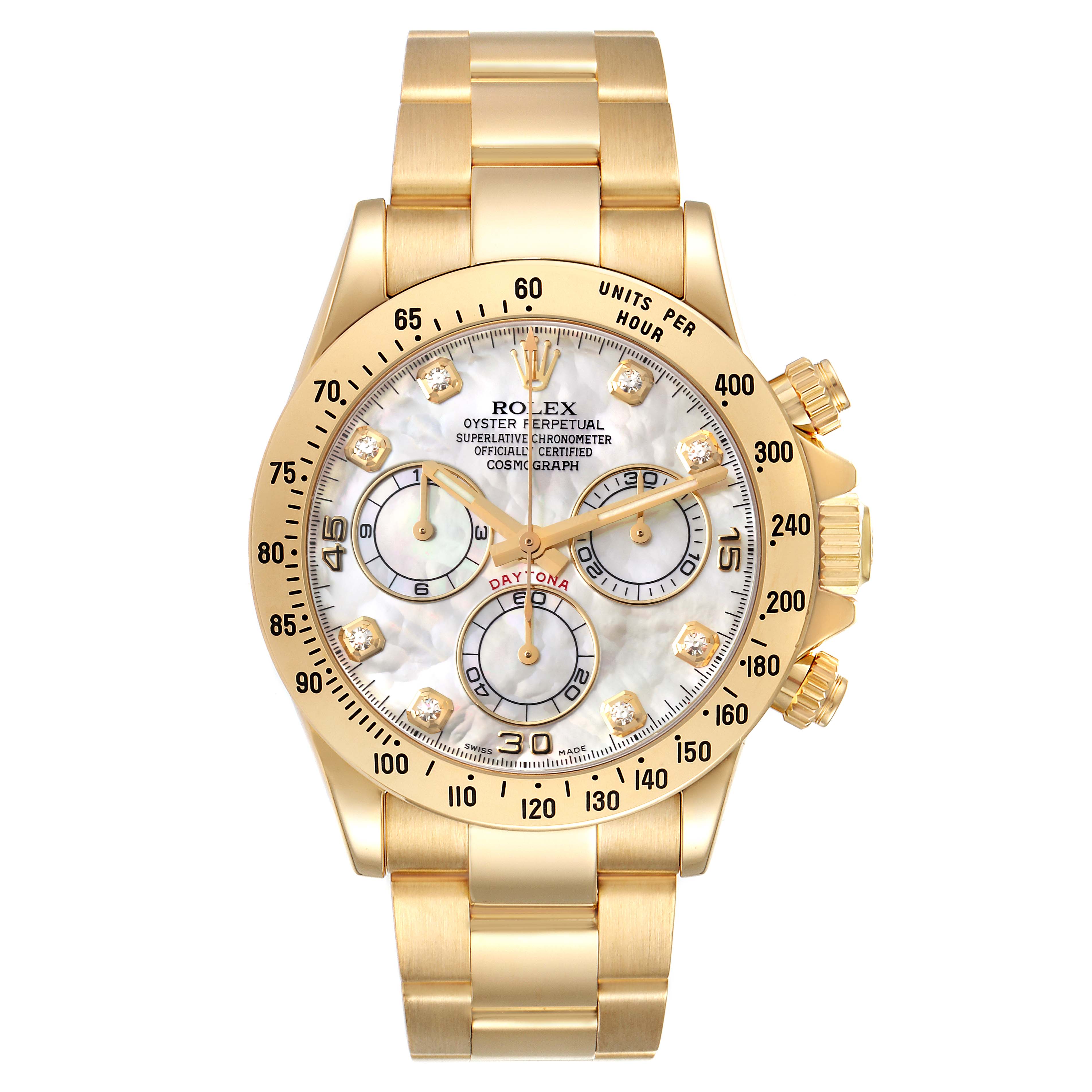 The image shows a front view of a Rolex Daytona 116528 Men's Yellow Gold Mother of Pearl Dial 116528 Men's Yellow Gold Mother of Pearl Dial watch, highlighting the dial, chronograph subdials, bezel, and bracelet.