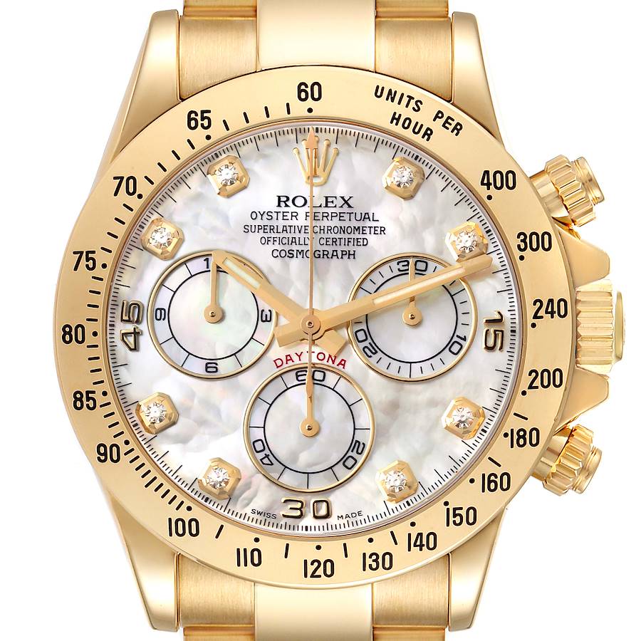 Rolex Daytona Yellow Gold Mother of Pearl Diamond Dial Mens Watch 116528 + 1 Extra Link SwissWatchExpo