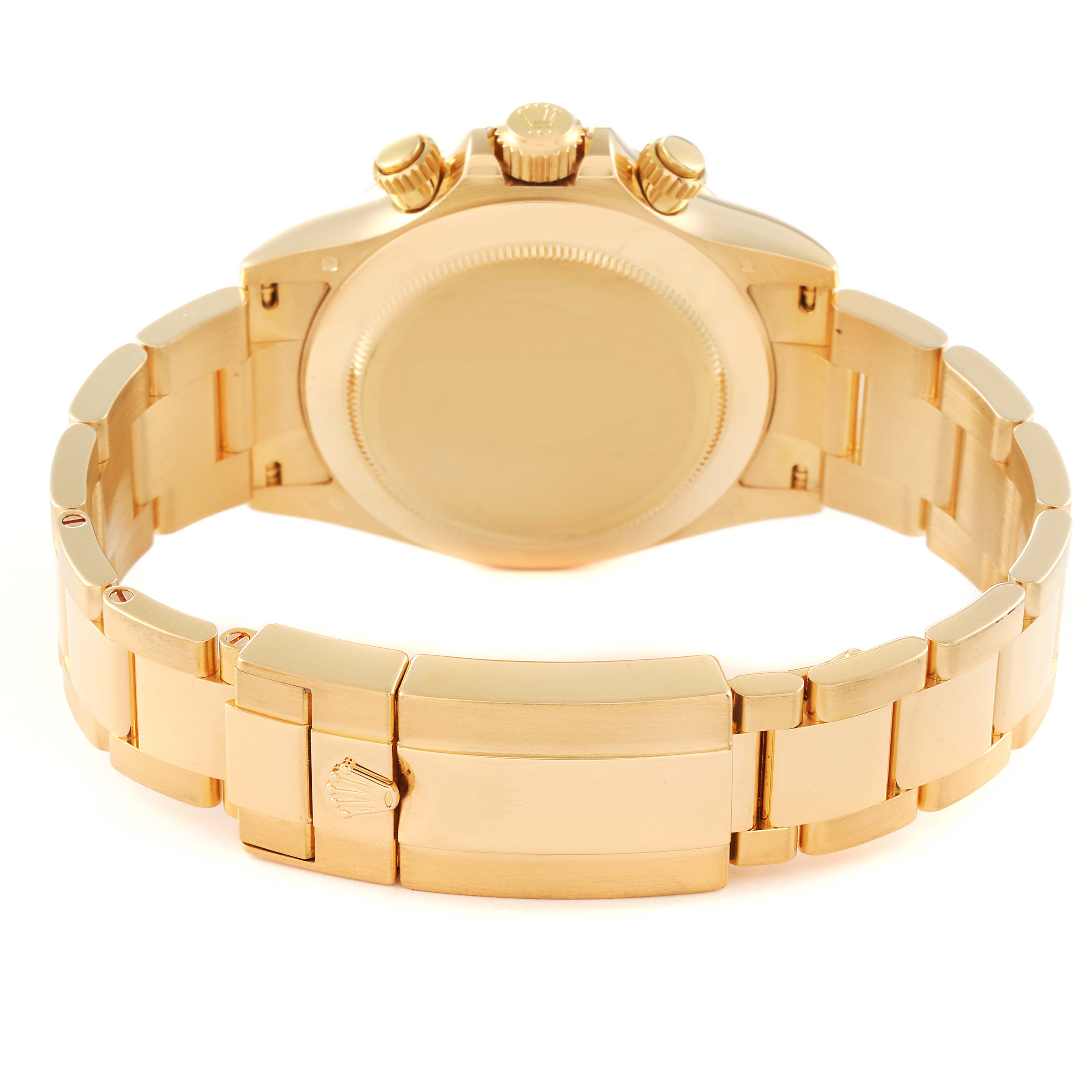 The image shows the back view of a Rolex Daytona 116528 Men's Yellow Gold Mother of Pearl Dial 116528 Men's Yellow Gold Mother of Pearl Dial watch, highlighting the bracelet, clasp, and case back.