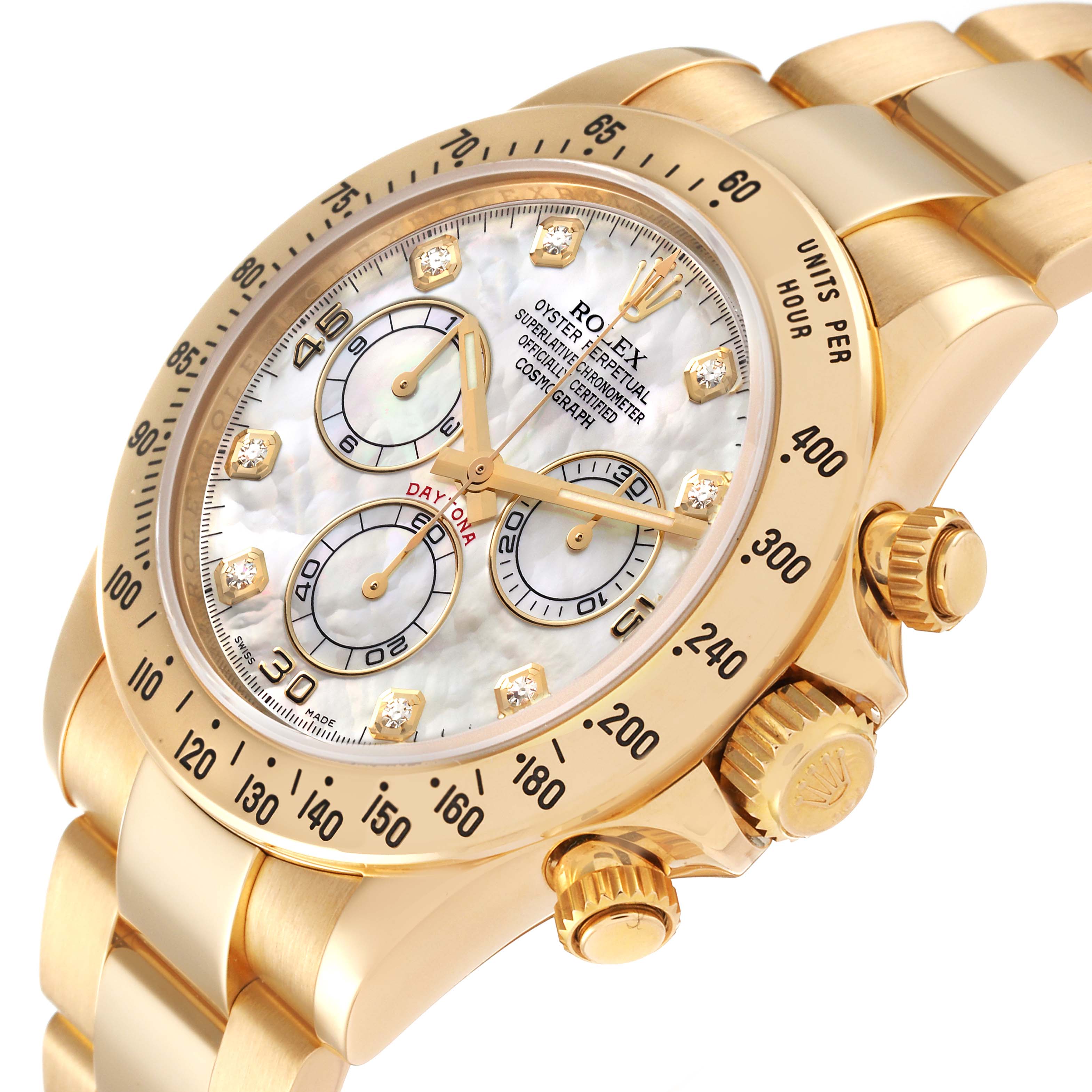 This image shows a close-up of the face and side of a Rolex Daytona 116528 Men's Yellow Gold Mother of Pearl Dial 116528 Men's Yellow Gold Mother of Pearl Dial watch, highlighting the bezel, dial, and crown.