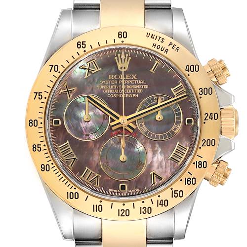 The Rolex Daytona watch is shown from a top view highlighting the bezel, face, and crown.