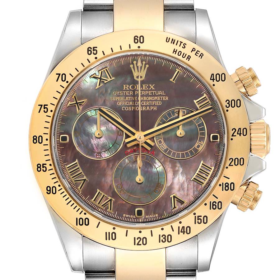 The Rolex Daytona watch is shown from a frontal angle, highlighting the bezel, dial, and chronograph pushers.