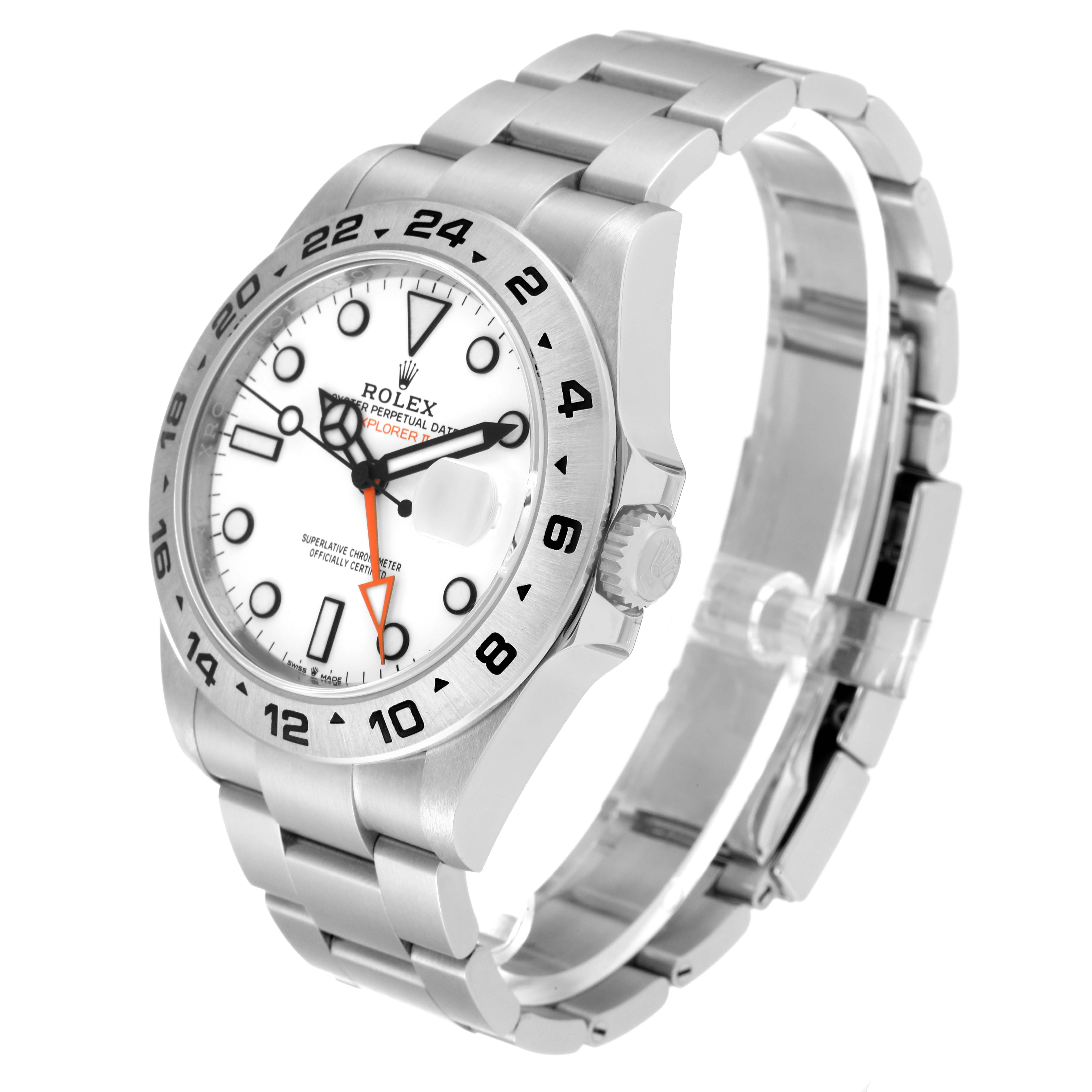 This Rolex Explorer 226570 Men
s Stainless Steel White Dial 226570 Men
s Stainless Steel White Dial watch is shown at a three-quarter angle, highlighting the dial, bezel, and bracelet.