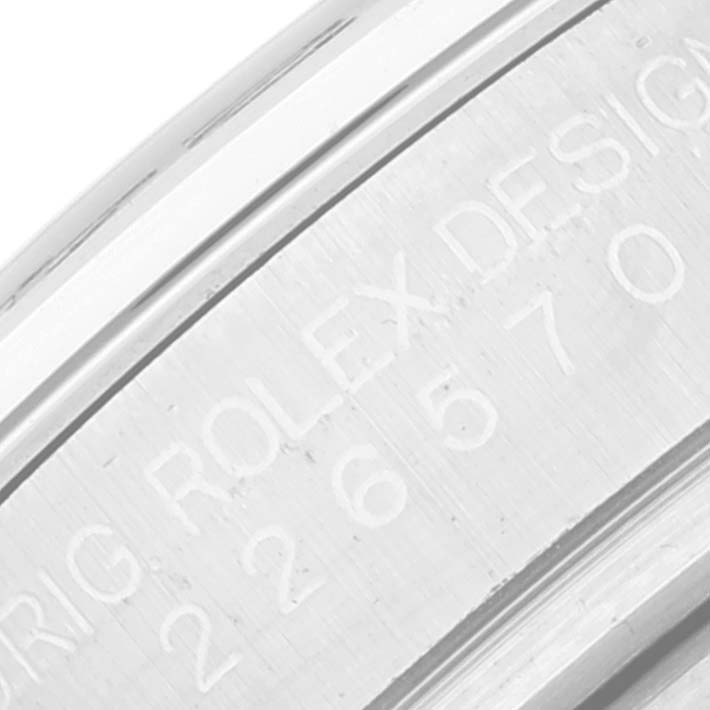 This image displays a close-up of the casing side of a Rolex Explorer 226570 Men
s Stainless Steel White Dial 226570 Men
s Stainless Steel White Dial watch, featuring the engraved model number.