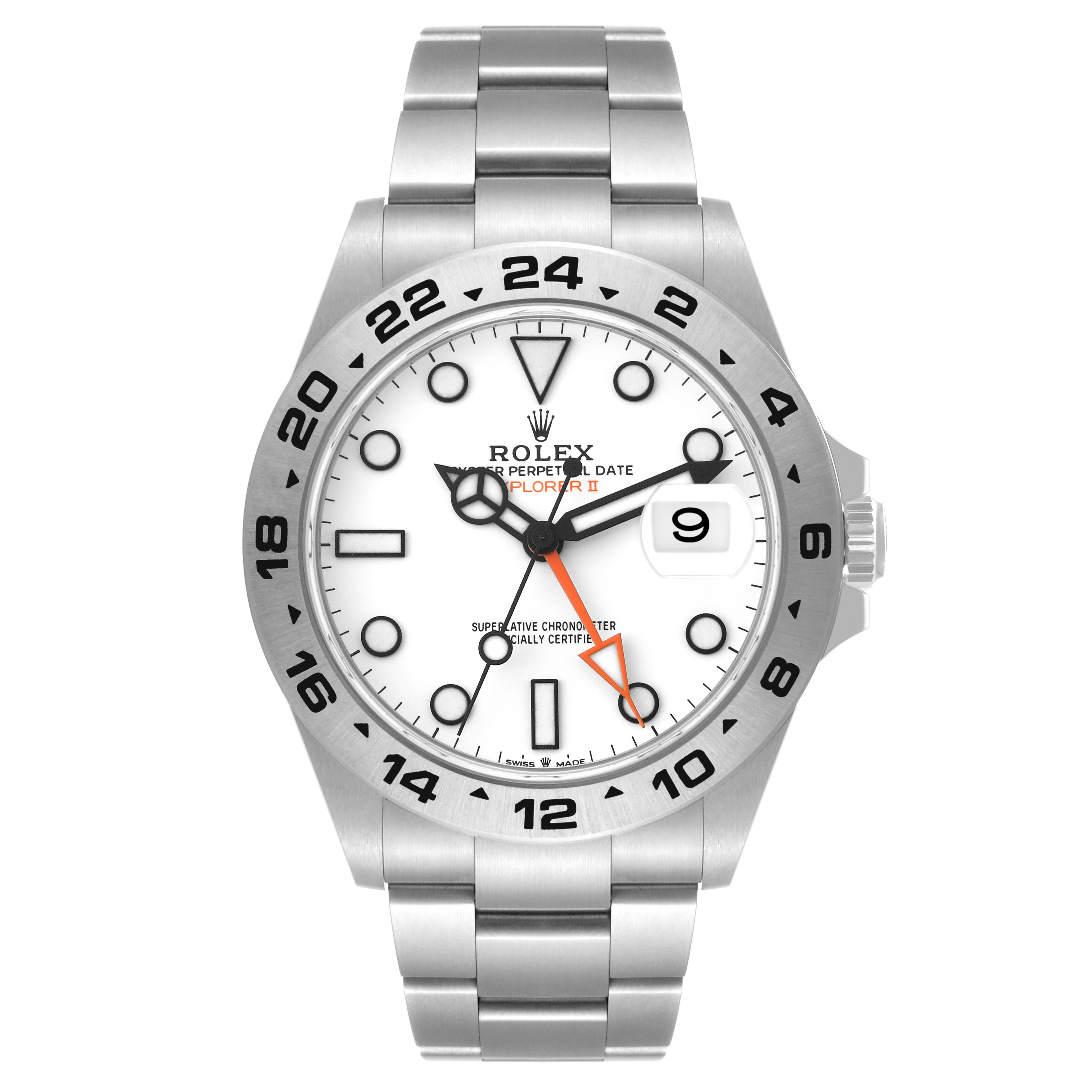 The image shows a front view of a Rolex Explorer 226570 Men
s Stainless Steel White Dial 226570 Men
s Stainless Steel White Dial watch with a white dial, date display, and stainless steel bracelet.