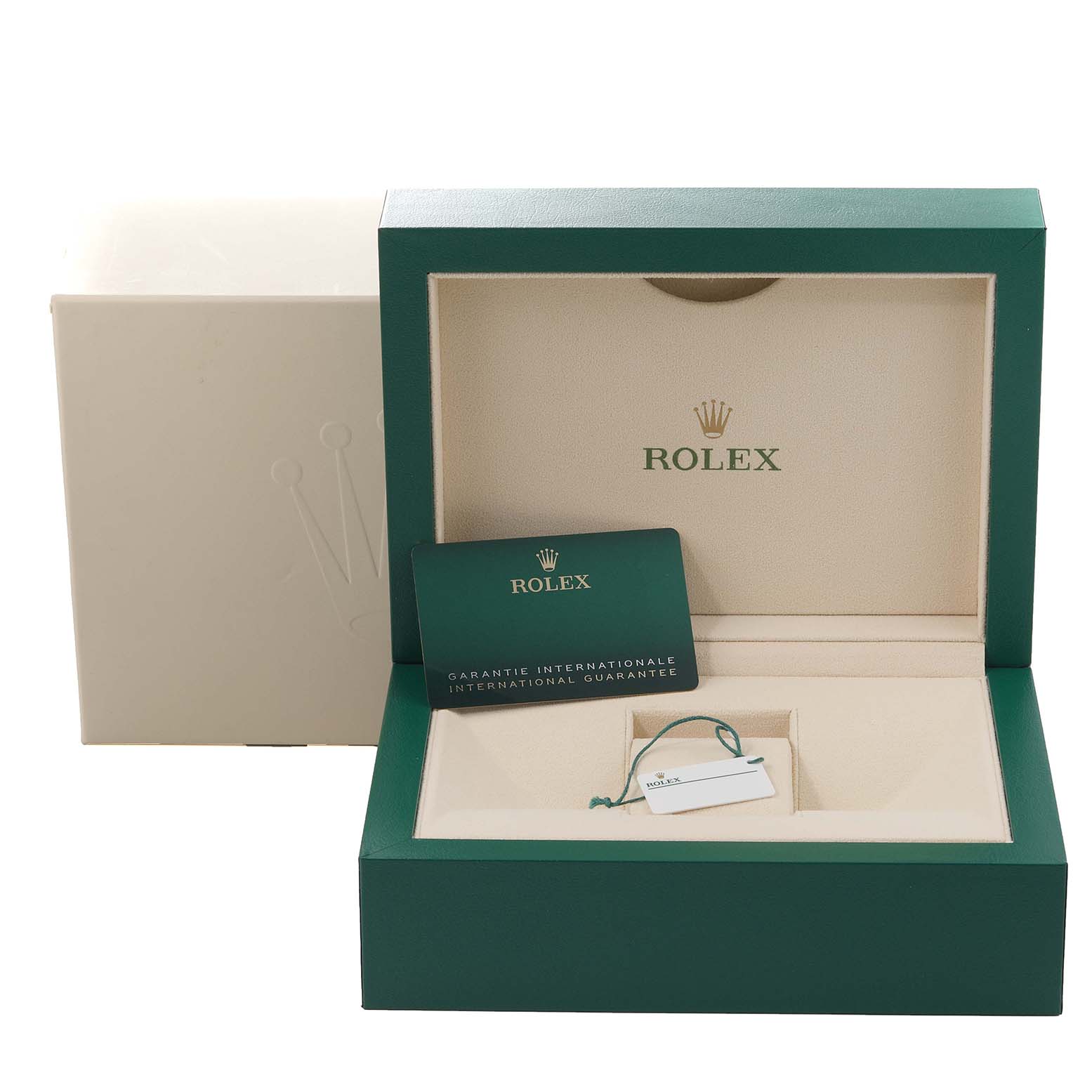 The image shows the box and guarantee card for a Rolex Explorer 226570 Men
s Stainless Steel White Dial 226570 Men
s Stainless Steel White Dial model, viewed from the front.
