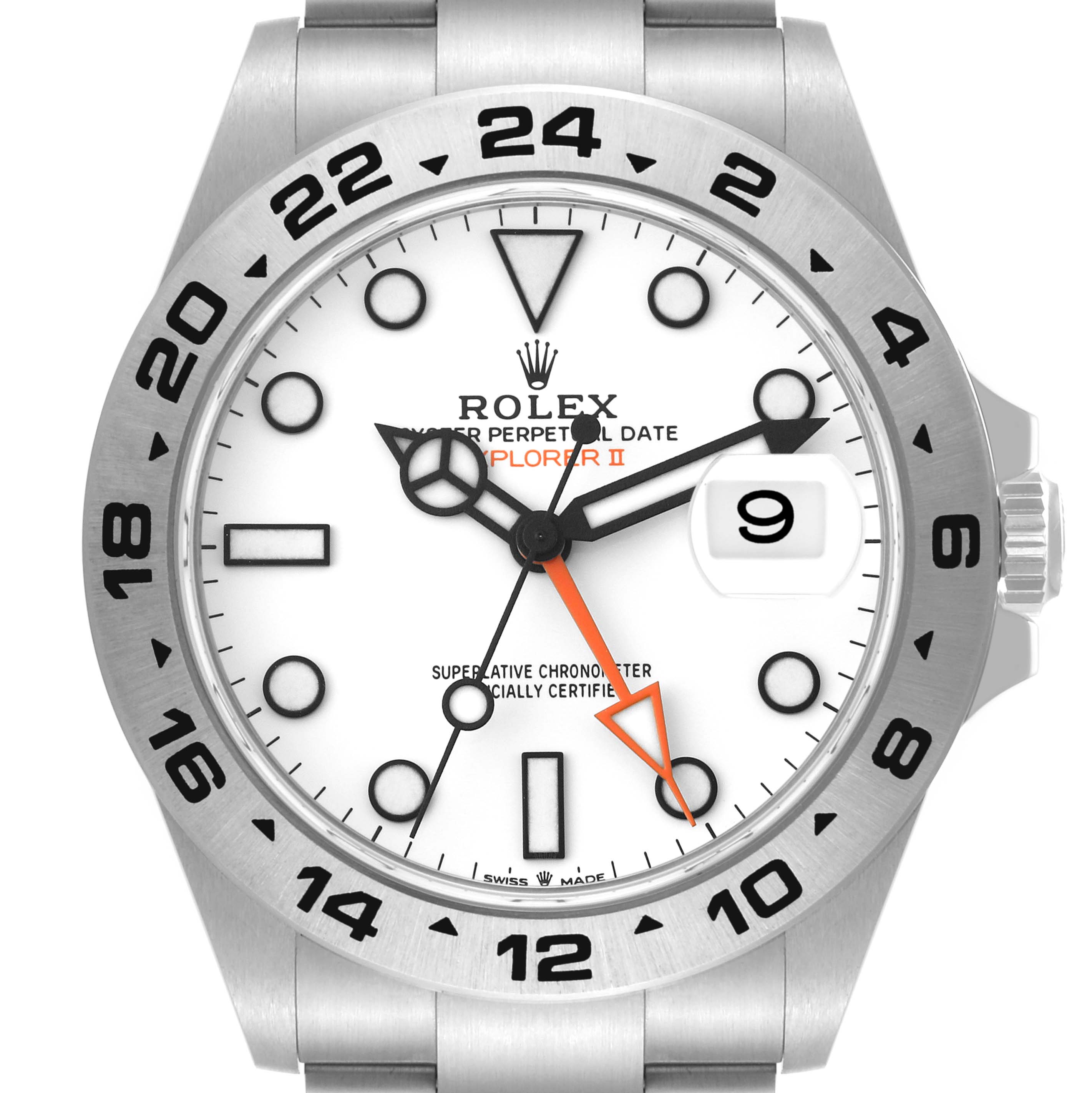 The image shows a front view of the Rolex Explorer 226570 Men
s Stainless Steel White Dial 226570 Men
s Stainless Steel White Dial watch, featuring its white dial, date window, and stainless steel bezel and bracelet.