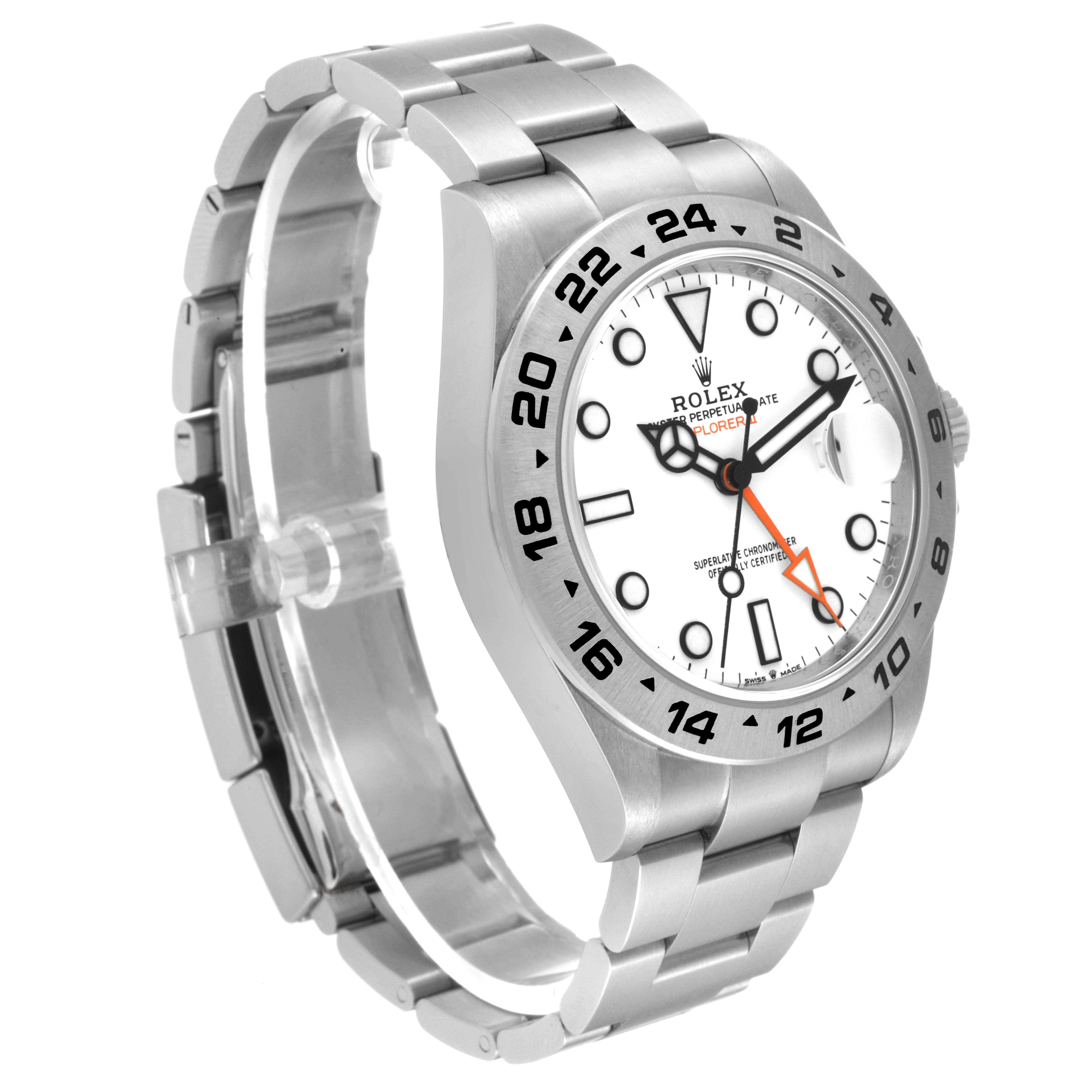 The Rolex Explorer 226570 Men
s Stainless Steel White Dial 226570 Men
s Stainless Steel White Dial watch is shown in a three-quarter view, displaying the face, bezel, and bracelet.