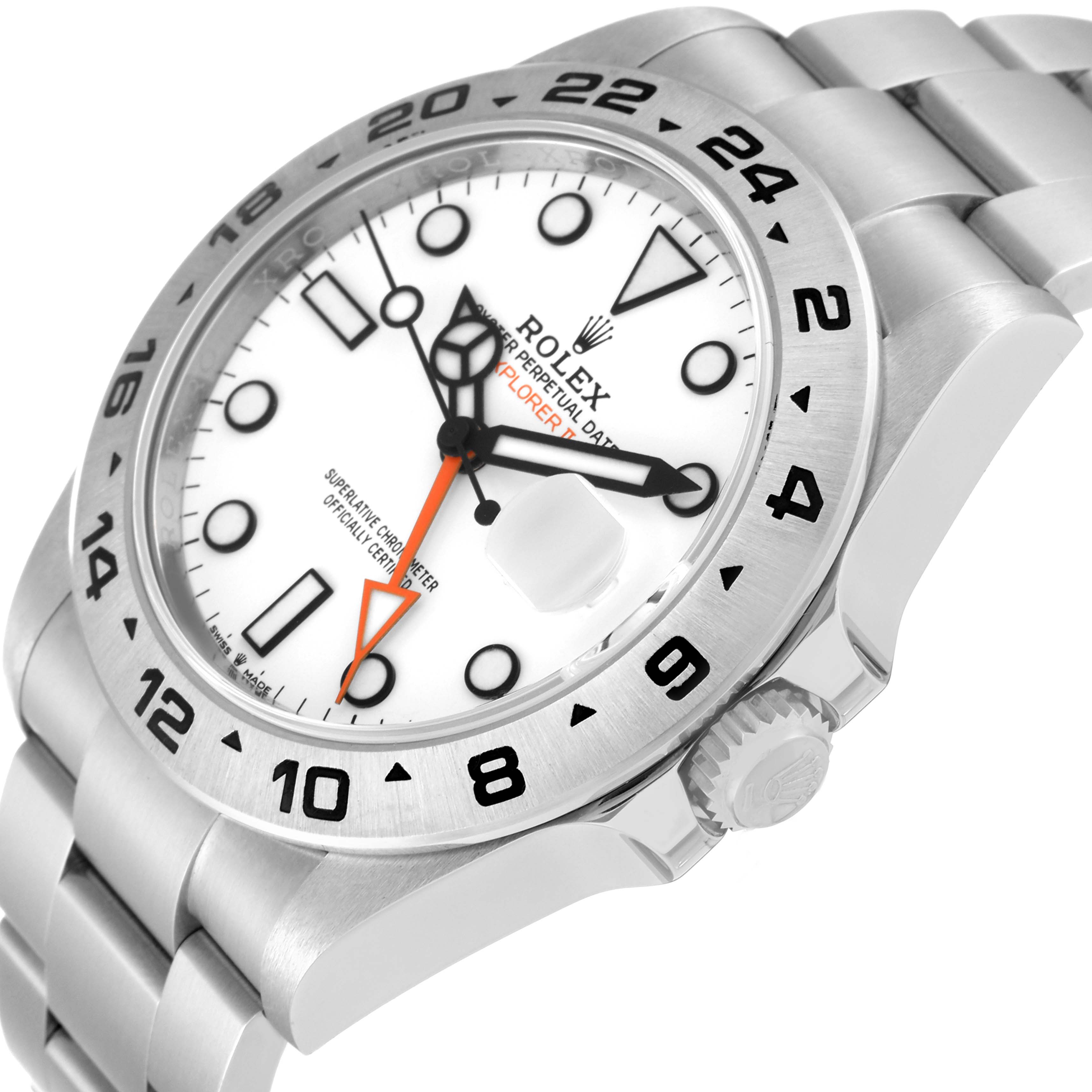 The Rolex Explorer 226570 Men
s Stainless Steel White Dial 226570 Men
s Stainless Steel White Dial watch is shown at a tilted angle, displaying its white dial, steel bezel, and bracelet.