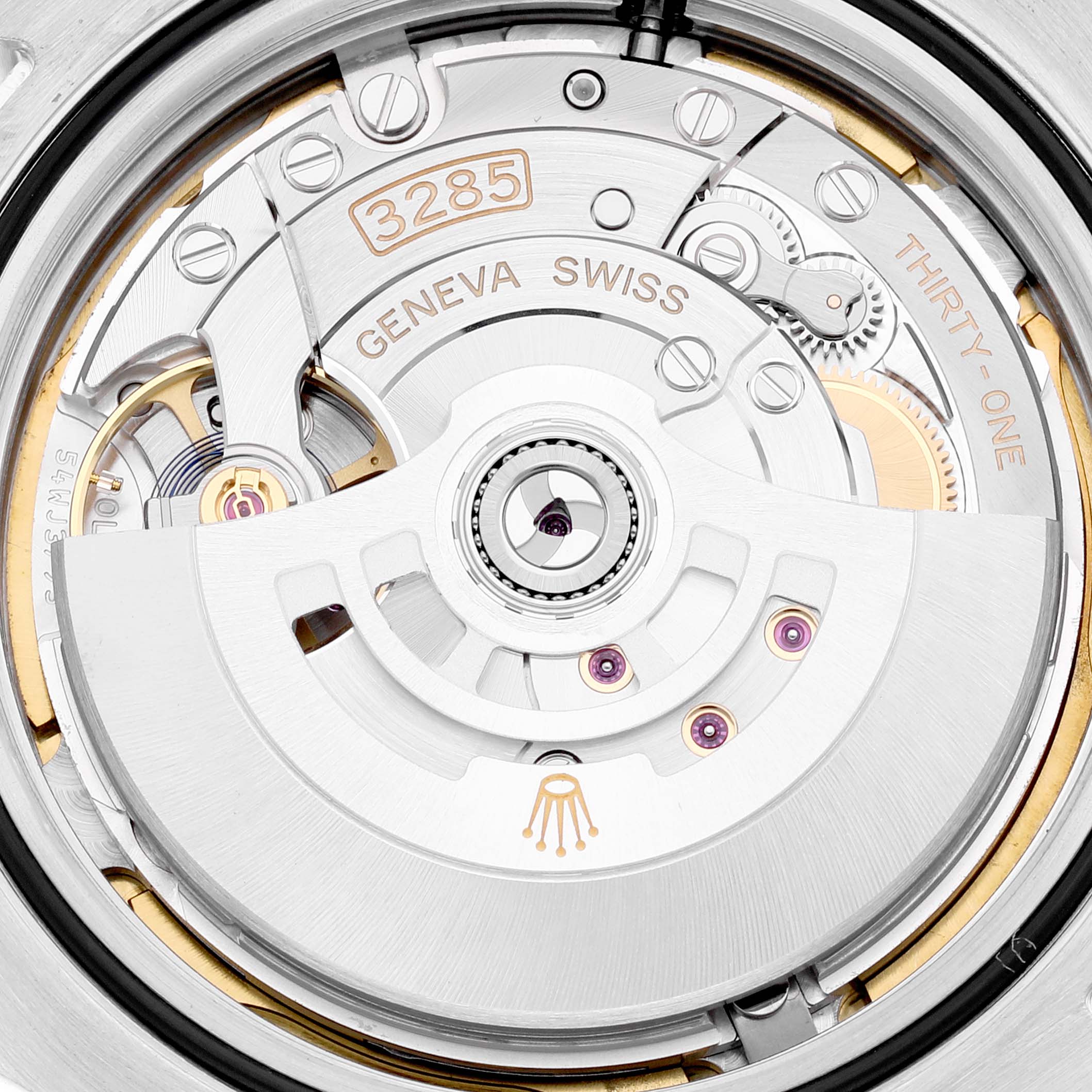 This close-up image shows the intricate movement and mechanism of a Rolex Explorer 226570 Men
s Stainless Steel White Dial 226570 Men
s Stainless Steel White Dial watch, highlighting the Caliber 3285.