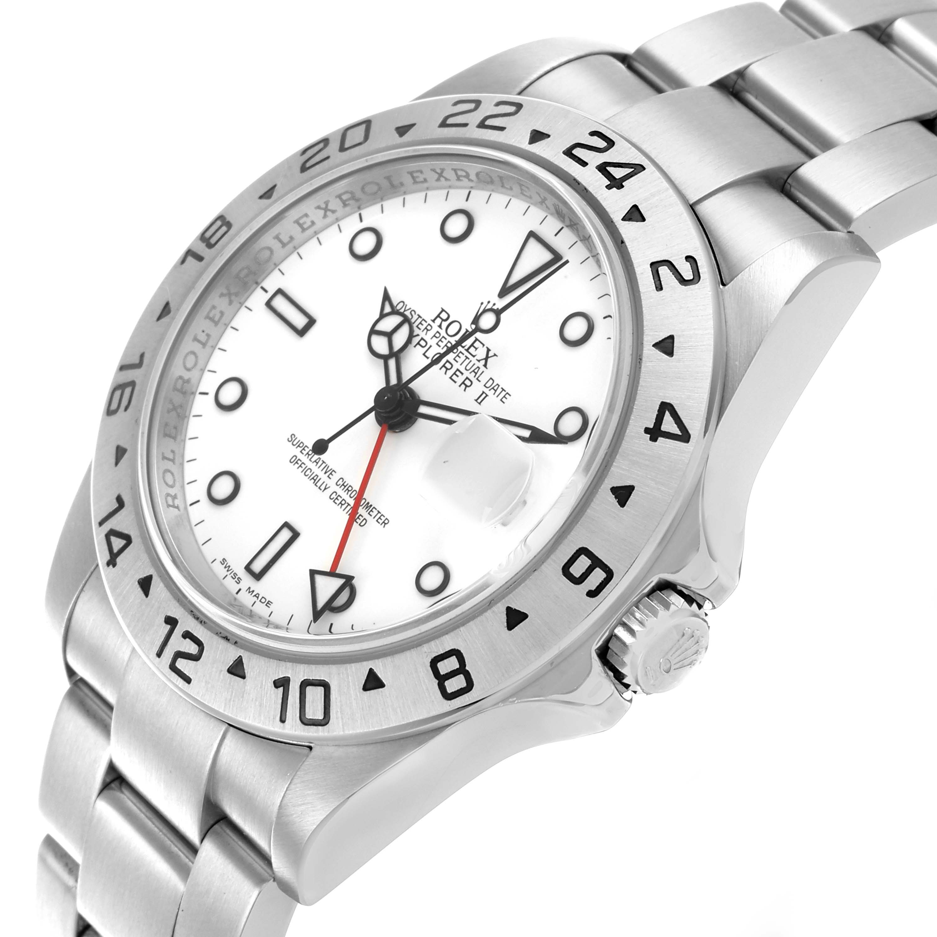 The Rolex Explorer 16570 Men's Stainless Steel White Dial 16570 Men's Stainless Steel White Dial watch is shown at an angle displaying the face, bezel, crown, and part of the stainless steel bracelet.