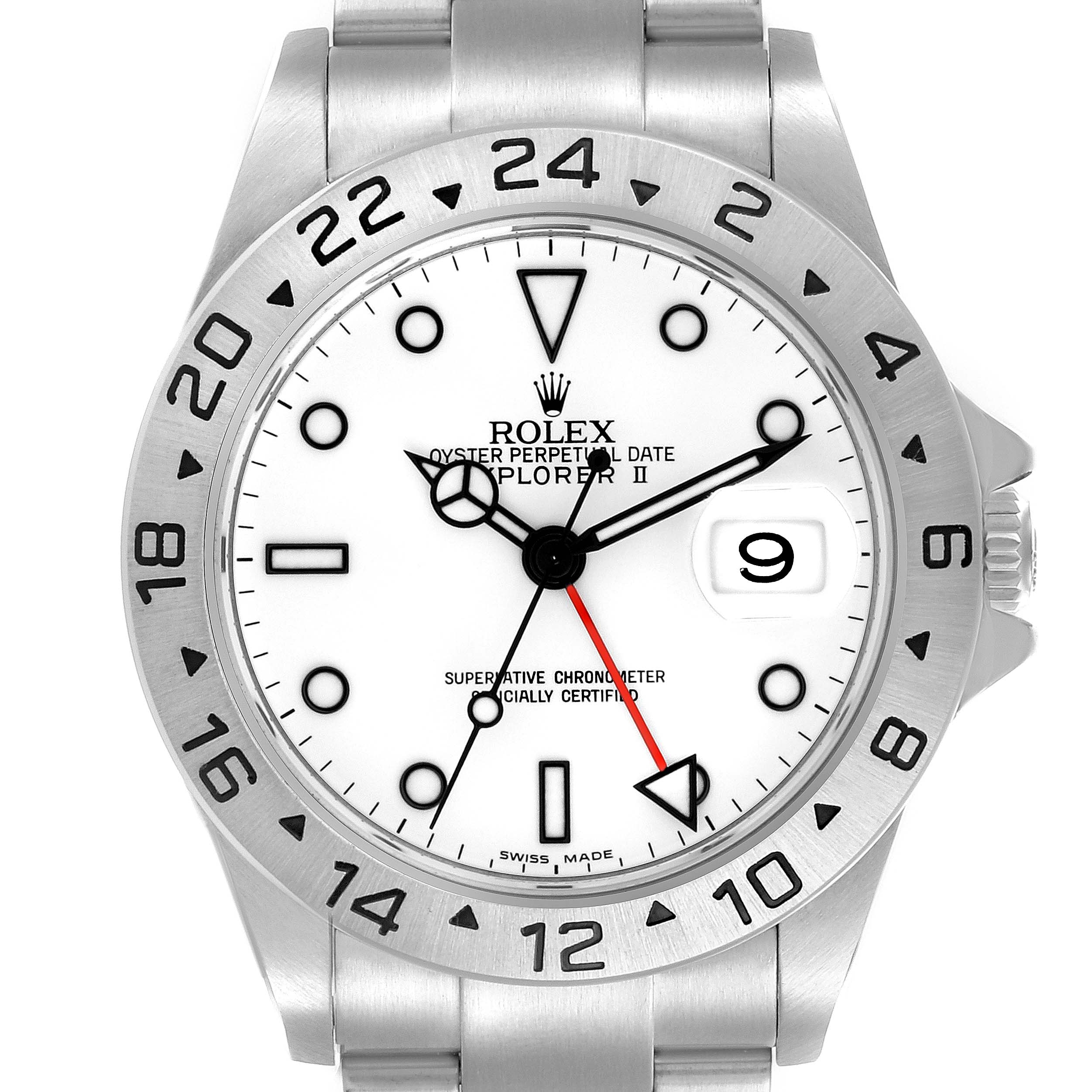 The Rolex Explorer 16570 Men's Stainless Steel White Dial 16570 Men's Stainless Steel White Dial watch is shown from the front, displaying its dial, bezel, and bracelet.