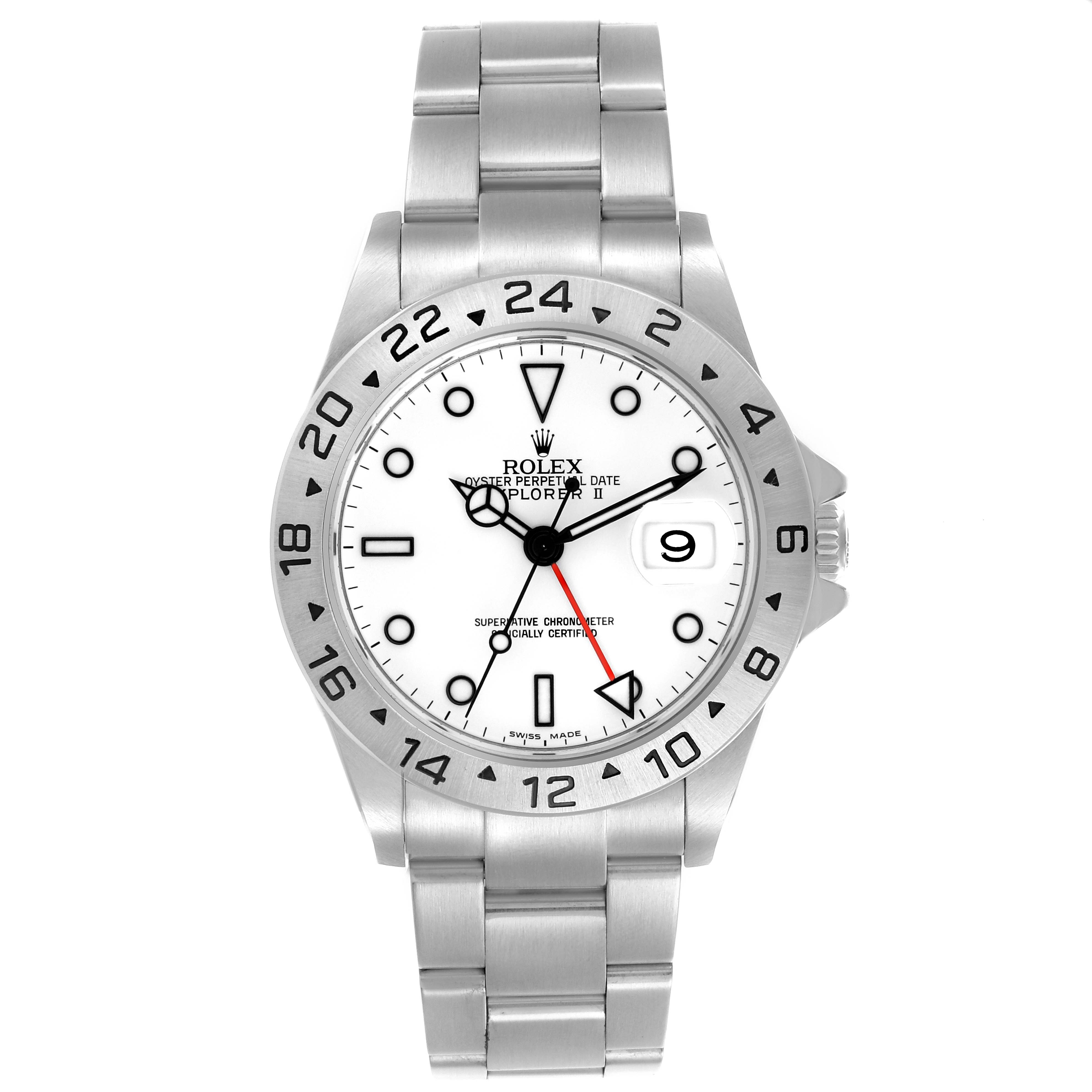 The Rolex Explorer 16570 Men's Stainless Steel White Dial 16570 Men's Stainless Steel White Dial watch is shown from a top-down angle, displaying the face, bezel, and bracelet.