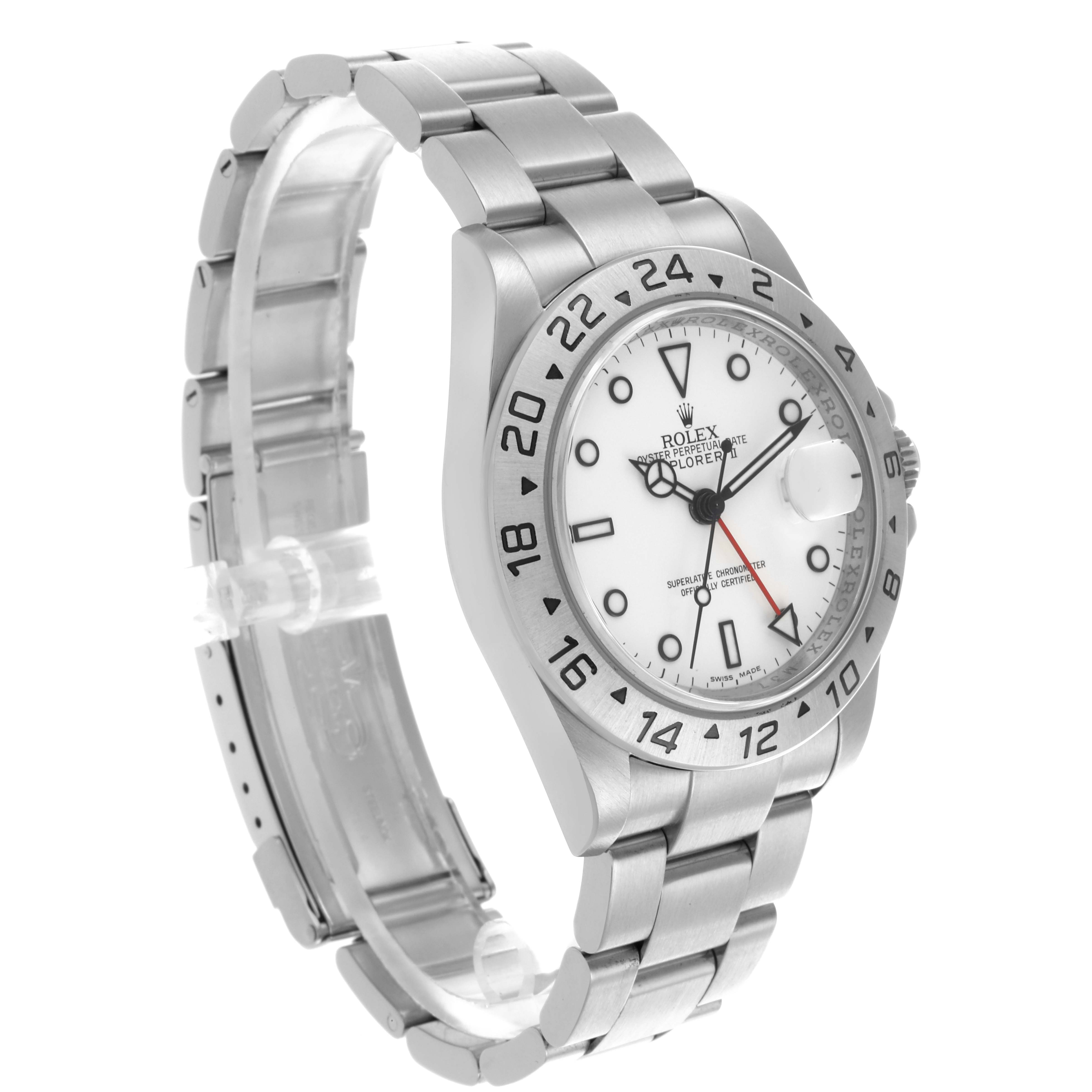 The Rolex Explorer 16570 Men's Stainless Steel White Dial 16570 Men's Stainless Steel White Dial watch is shown at a three-quarter angle highlighting the bracelet, bezel, and face.