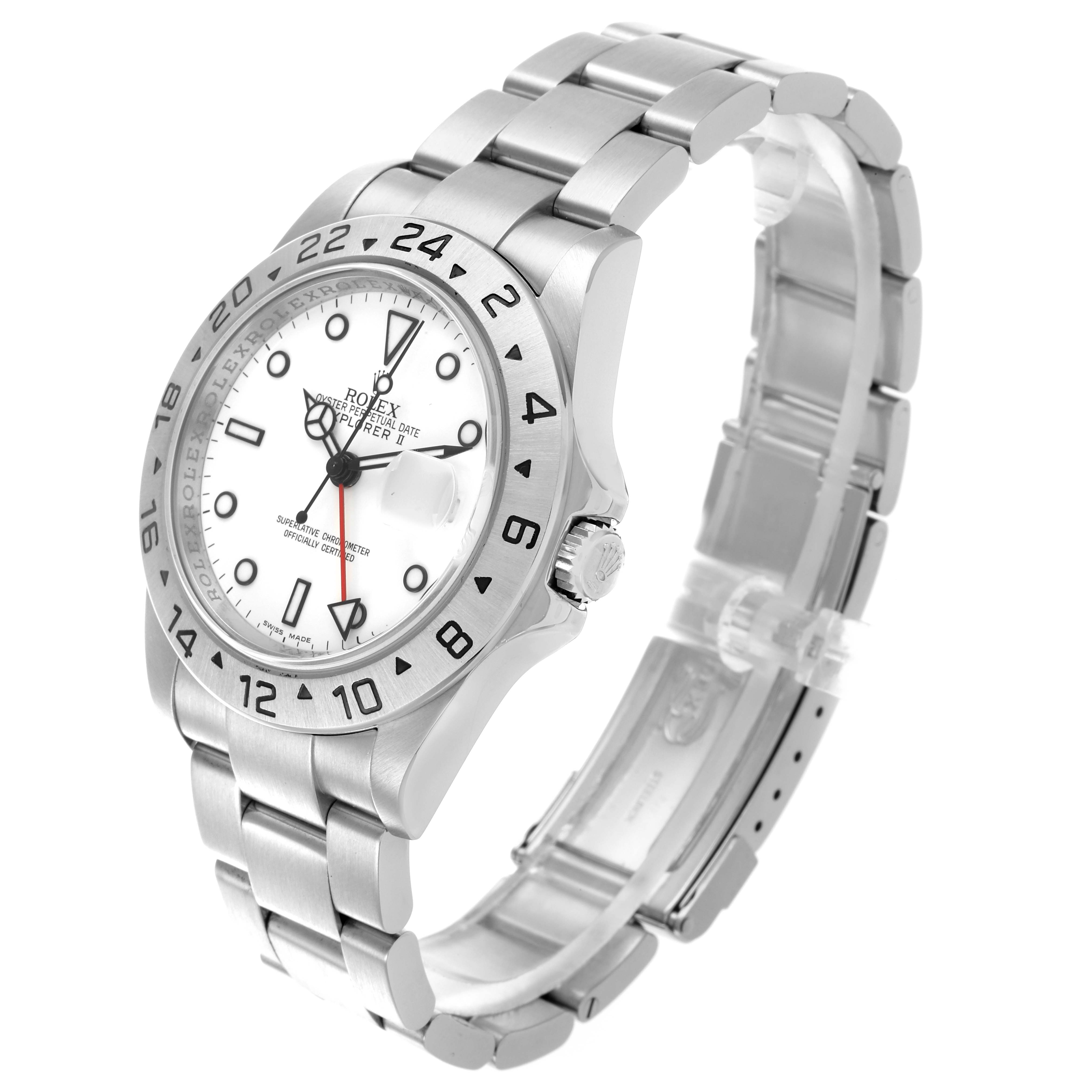 The Rolex Explorer 16570 Men's Stainless Steel White Dial 16570 Men's Stainless Steel White Dial watch is shown at a slight angle, displaying the bezel, face, hands, crown, and part of the bracelet.