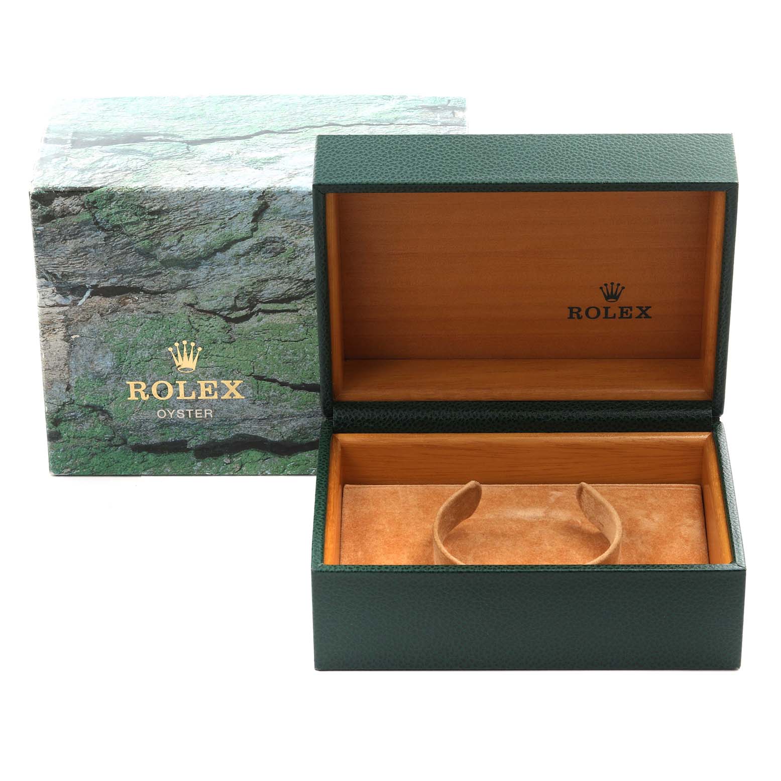 The image shows a Rolex Explorer 16570 Men's Stainless Steel White Dial 16570 Men's Stainless Steel White Dial watch box set, including the green outer box and open interior box with no watch displayed.
