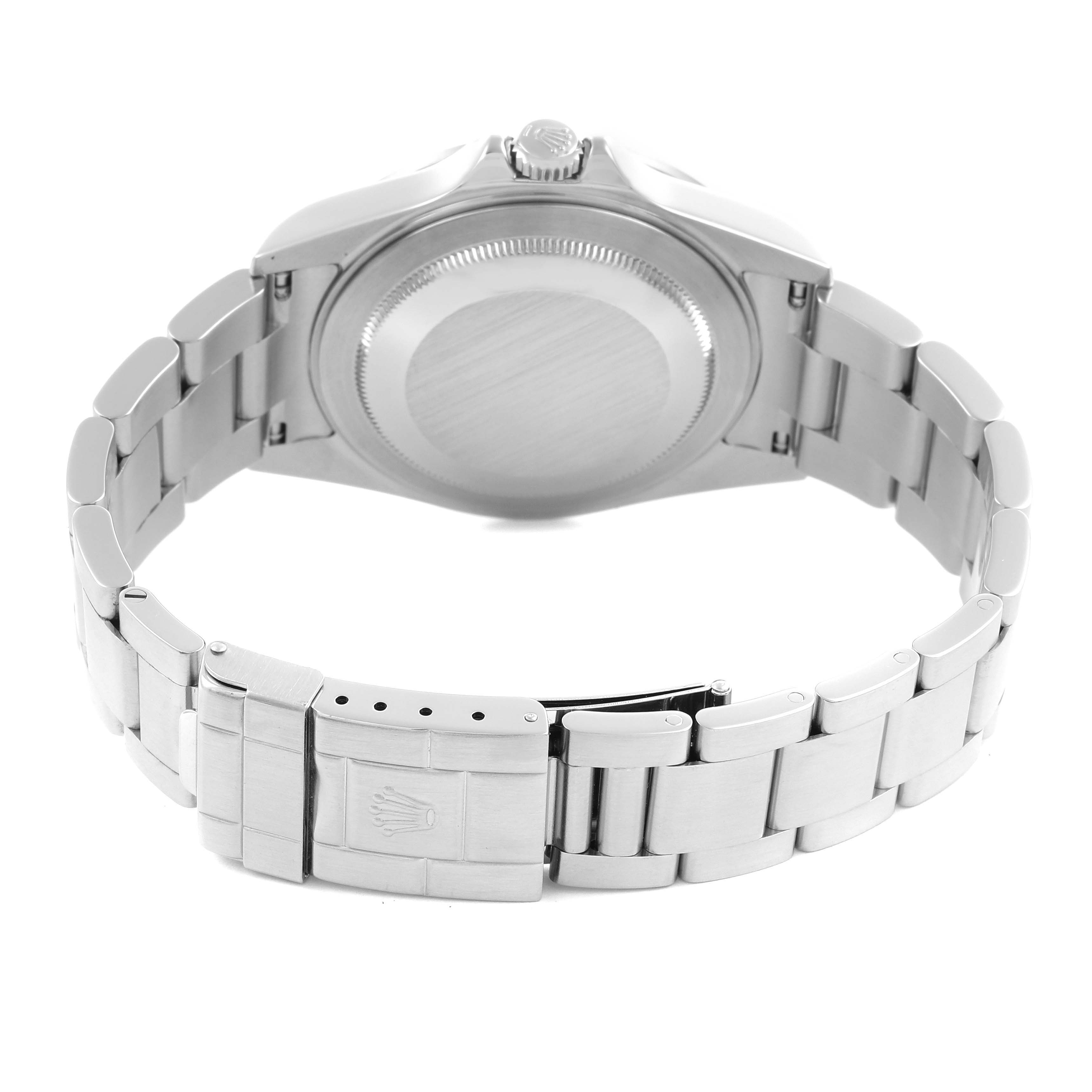 The image shows the back and clasp of a Rolex Explorer 16570 Men's Stainless Steel White Dial 16570 Men's Stainless Steel White Dial watch, highlighting the bracelet and case back.