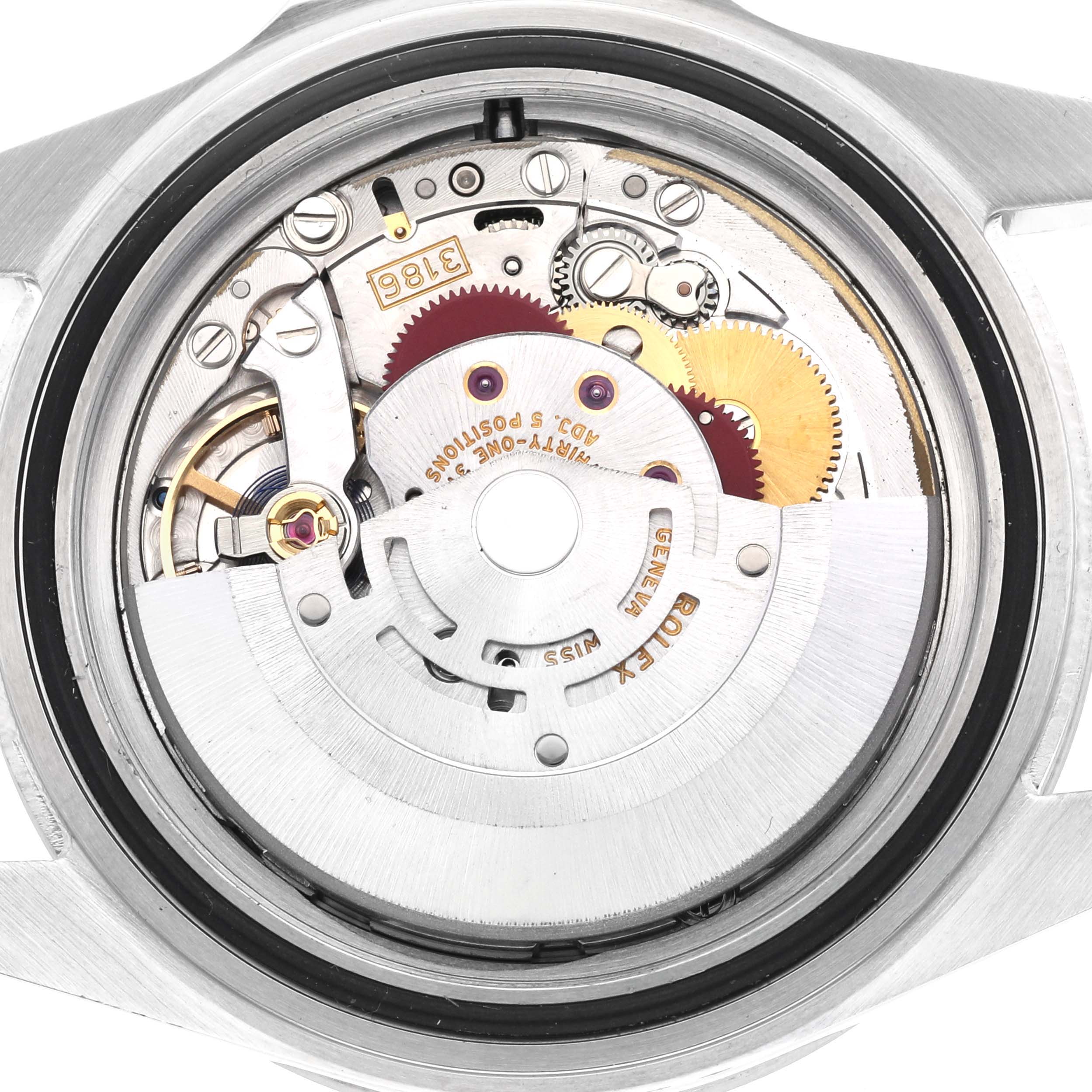 The image shows the movement mechanism of a Rolex Explorer 16570 Men's Stainless Steel White Dial 16570 Men's Stainless Steel White Dial model from a rear view, highlighting gears and components.