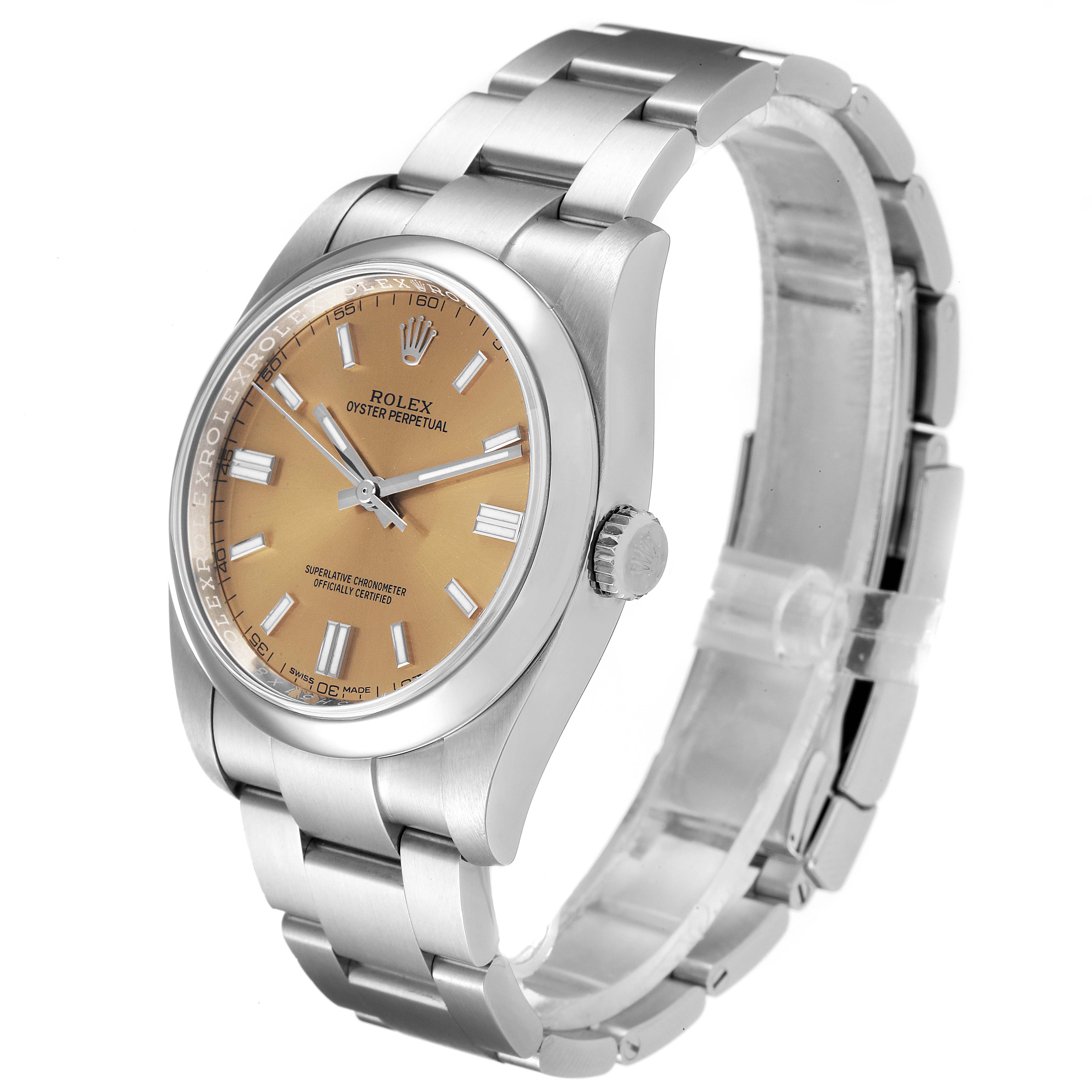 This image shows a Rolex Oyster Perpetual 116000 Men's Stainless Steel Champagne Dial 116000 Men's Stainless Steel Champagne Dial watch from a front angle, displaying its dial, bezel, and bracelet.