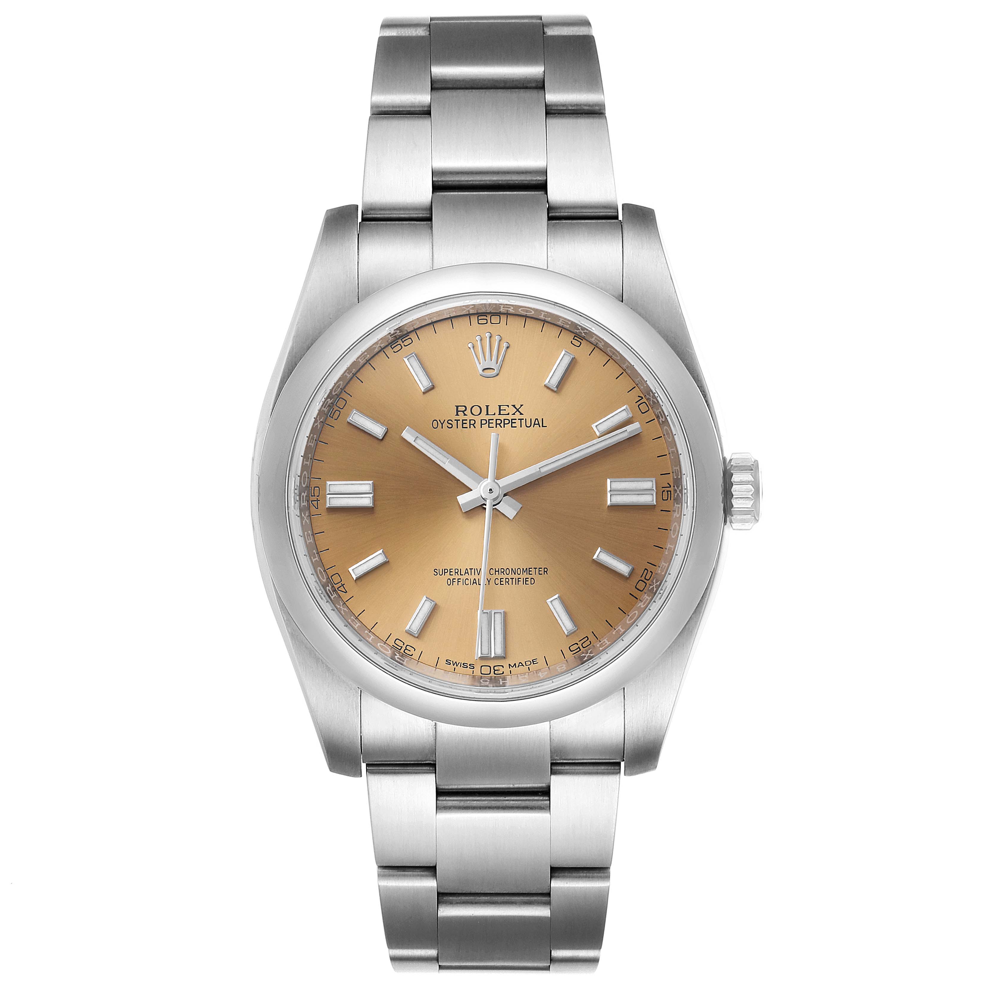 The Rolex Oyster Perpetual 116000 Men's Stainless Steel Champagne Dial 116000 Men's Stainless Steel Champagne Dial watch is shown from a front angle, highlighting its dial, bezel, and bracelet.