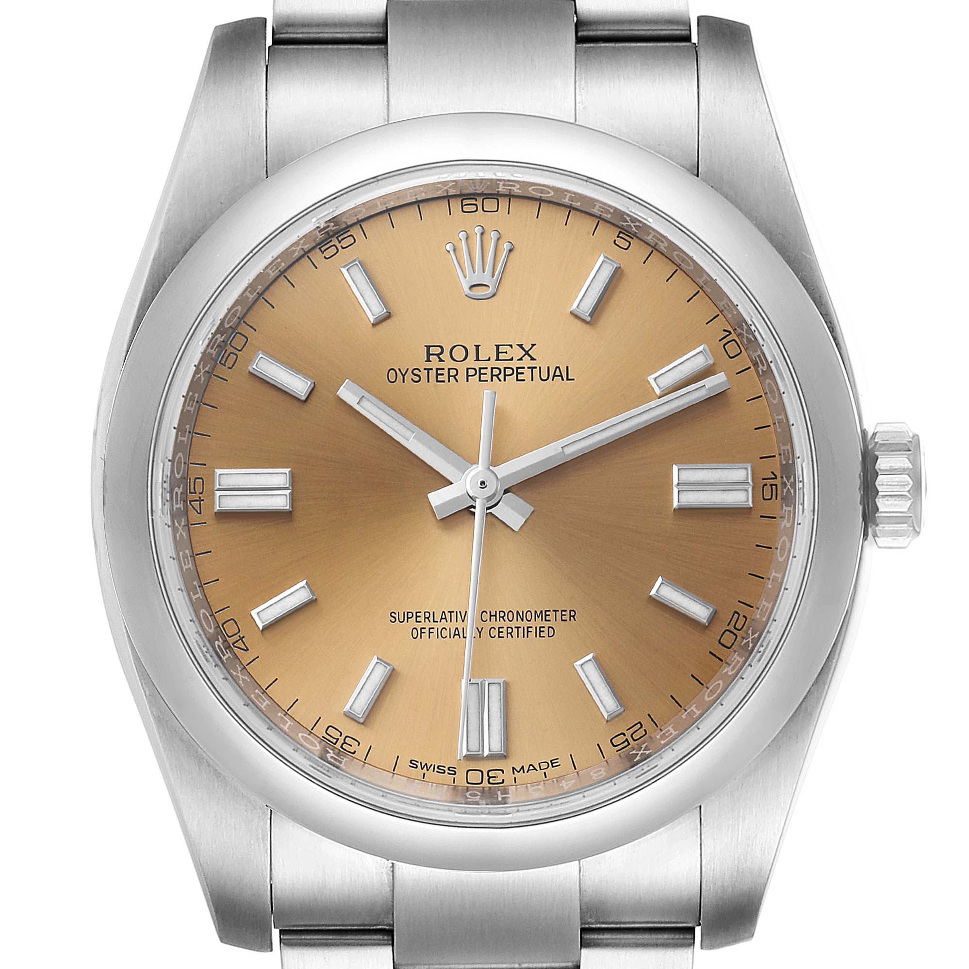 This image shows a front, close-up view of a Rolex Oyster Perpetual 116000 Men's Stainless Steel Champagne Dial 116000 Men's Stainless Steel Champagne Dial watch, displaying the dial, hands, bezel, and part of the bracelet.
