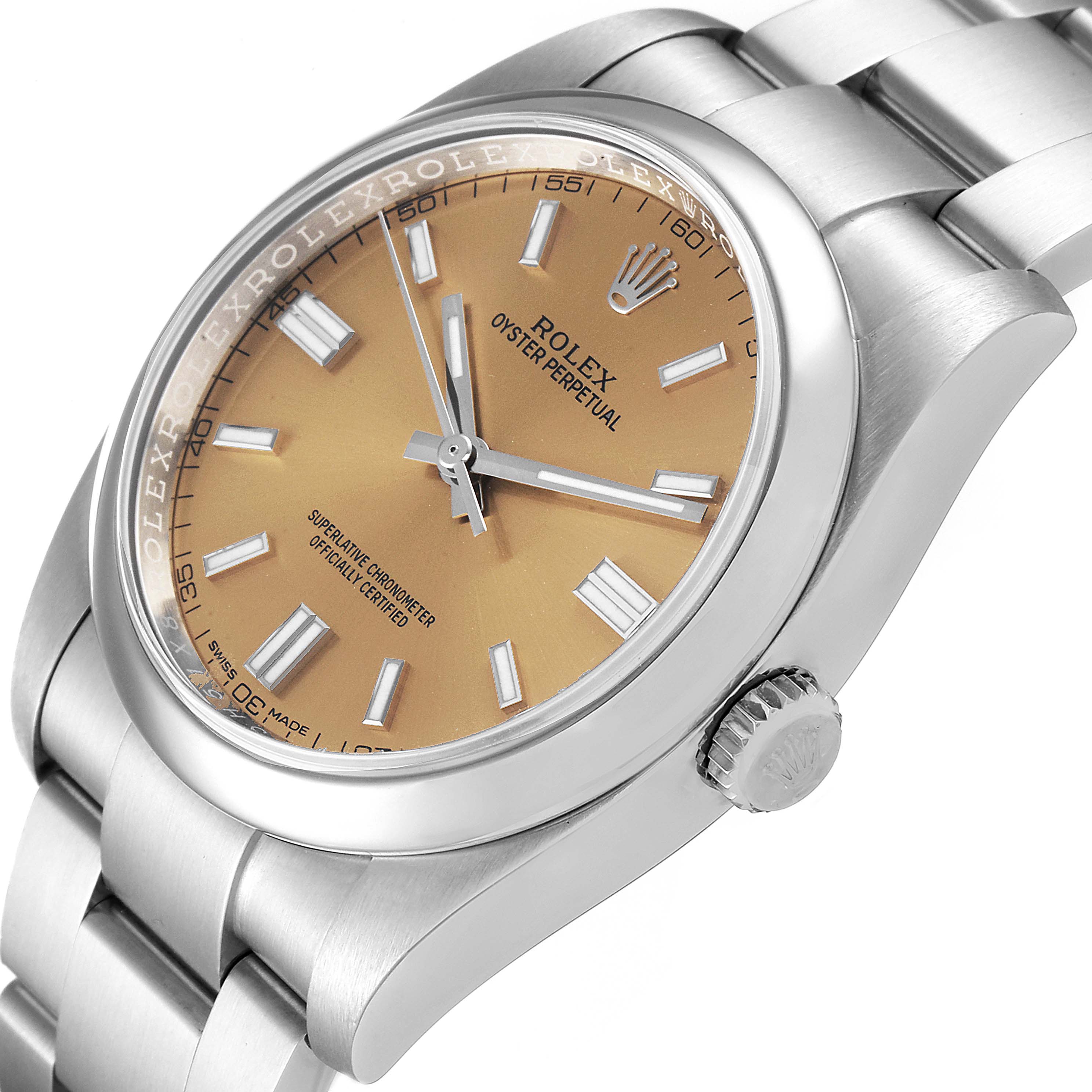 The Rolex Oyster Perpetual 116000 Men's Stainless Steel Champagne Dial 116000 Men's Stainless Steel Champagne Dial watch is shown at an angled side view, highlighting the dial, bezel, crown, and part of the bracelet.