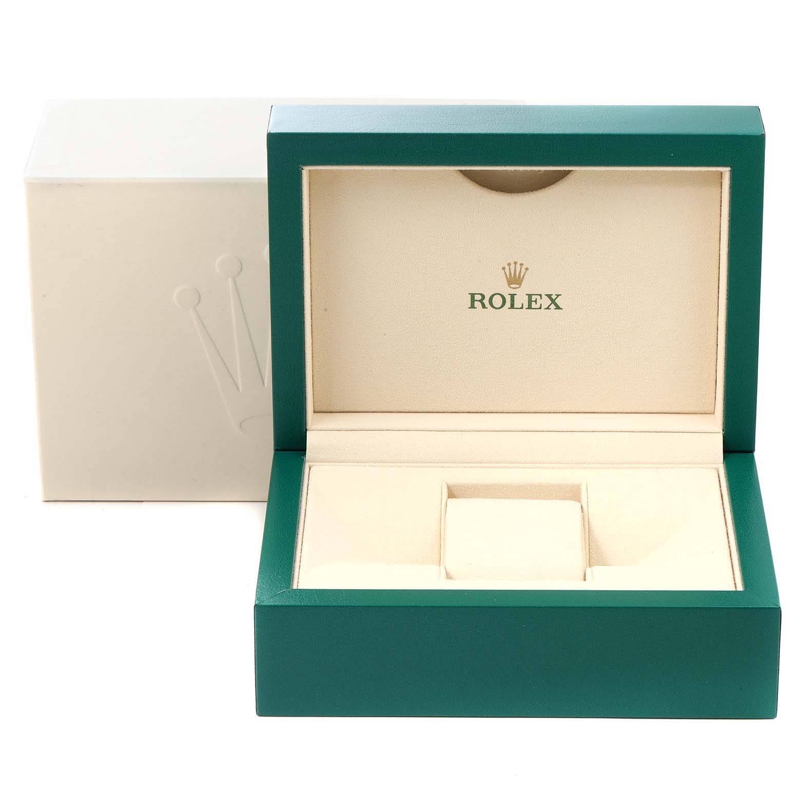 This image shows an open Rolex Oyster Perpetual 116000 Men's Stainless Steel Champagne Dial 116000 Men's Stainless Steel Champagne Dial watch box, displaying its cushioned interior for the watch.