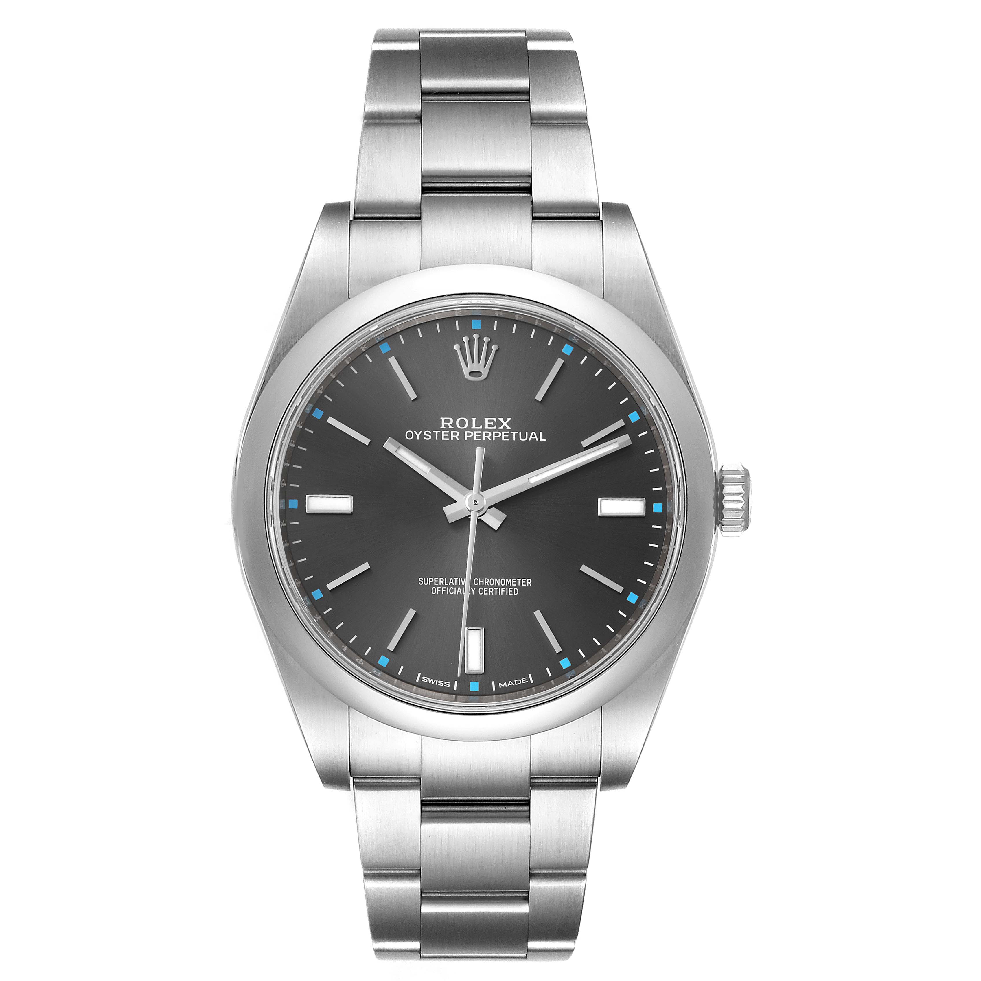 This image shows a front view of the Rolex Oyster Perpetual 114300 Men's Stainless Steel Grey Dial 114300 Men's Stainless Steel Grey Dial watch, highlighting the dial, case, and metal bracelet.