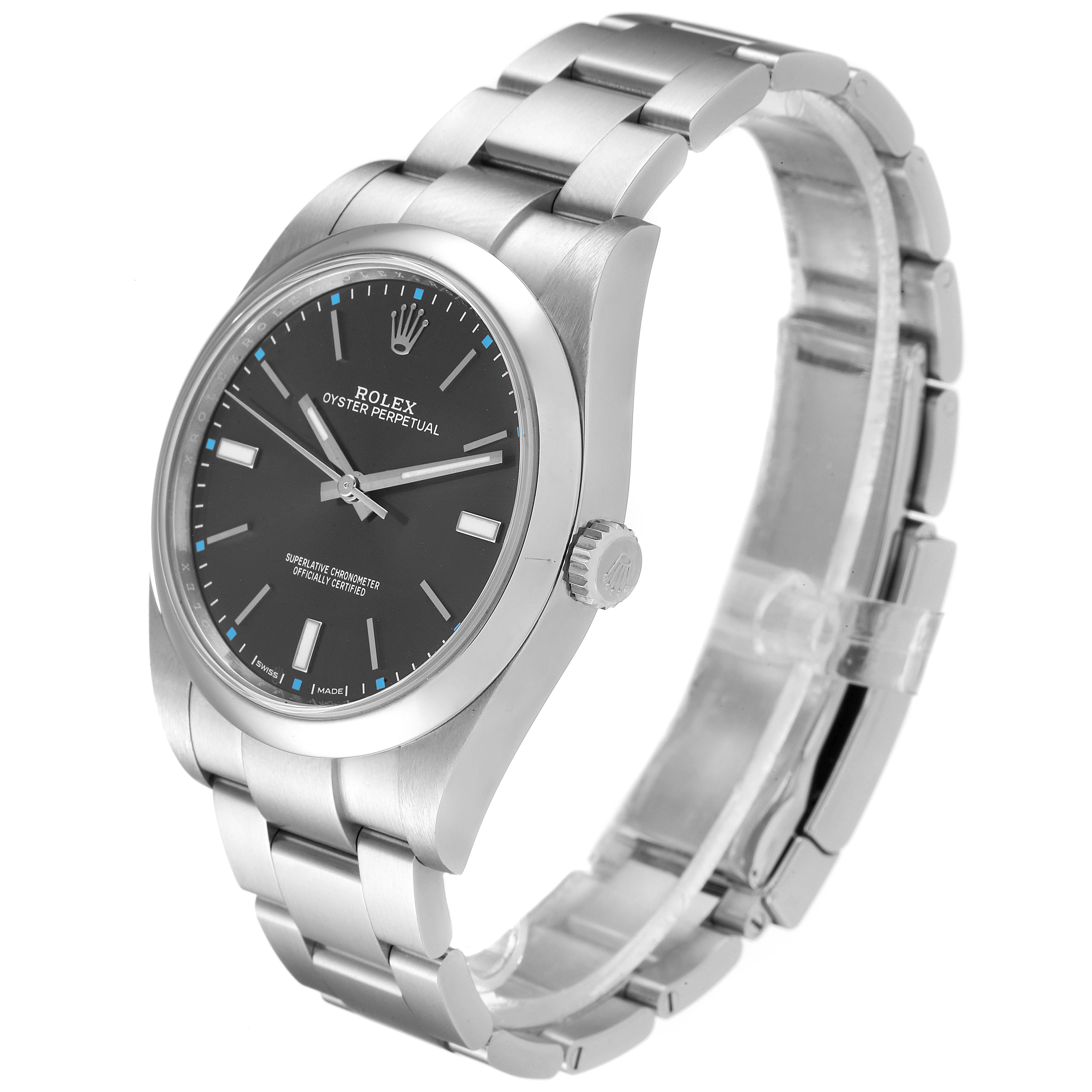 This image shows the Rolex Oyster Perpetual 114300 Men's Stainless Steel Grey Dial 114300 Men's Stainless Steel Grey Dial watch at a three-quarter angle, displaying the dial, bezel, crown, and bracelet.