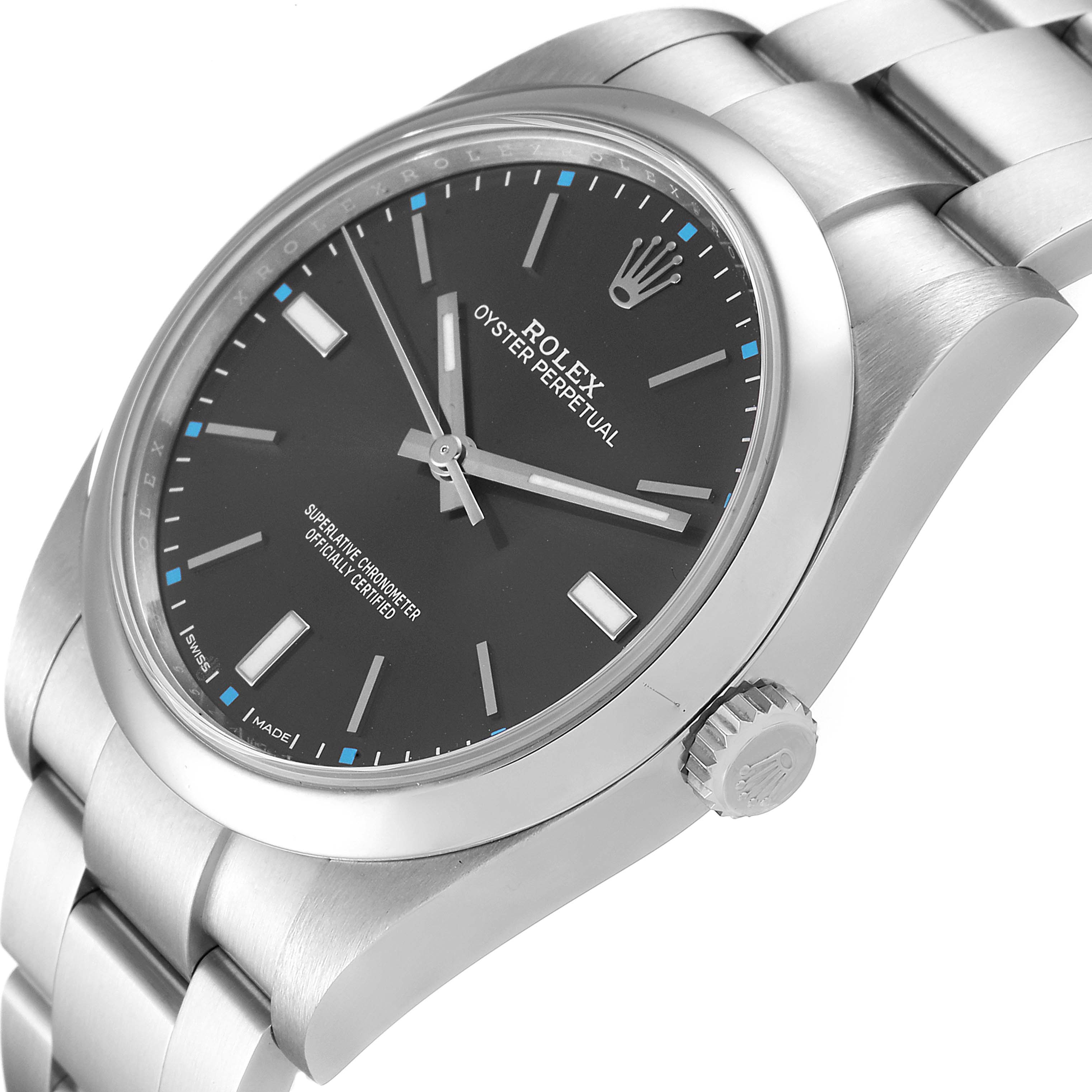 The Rolex Oyster Perpetual 114300 Men's Stainless Steel Grey Dial 114300 Men's Stainless Steel Grey Dial watch is shown from a slight side angle, displaying the face, bezel, crown, and part of the bracelet.