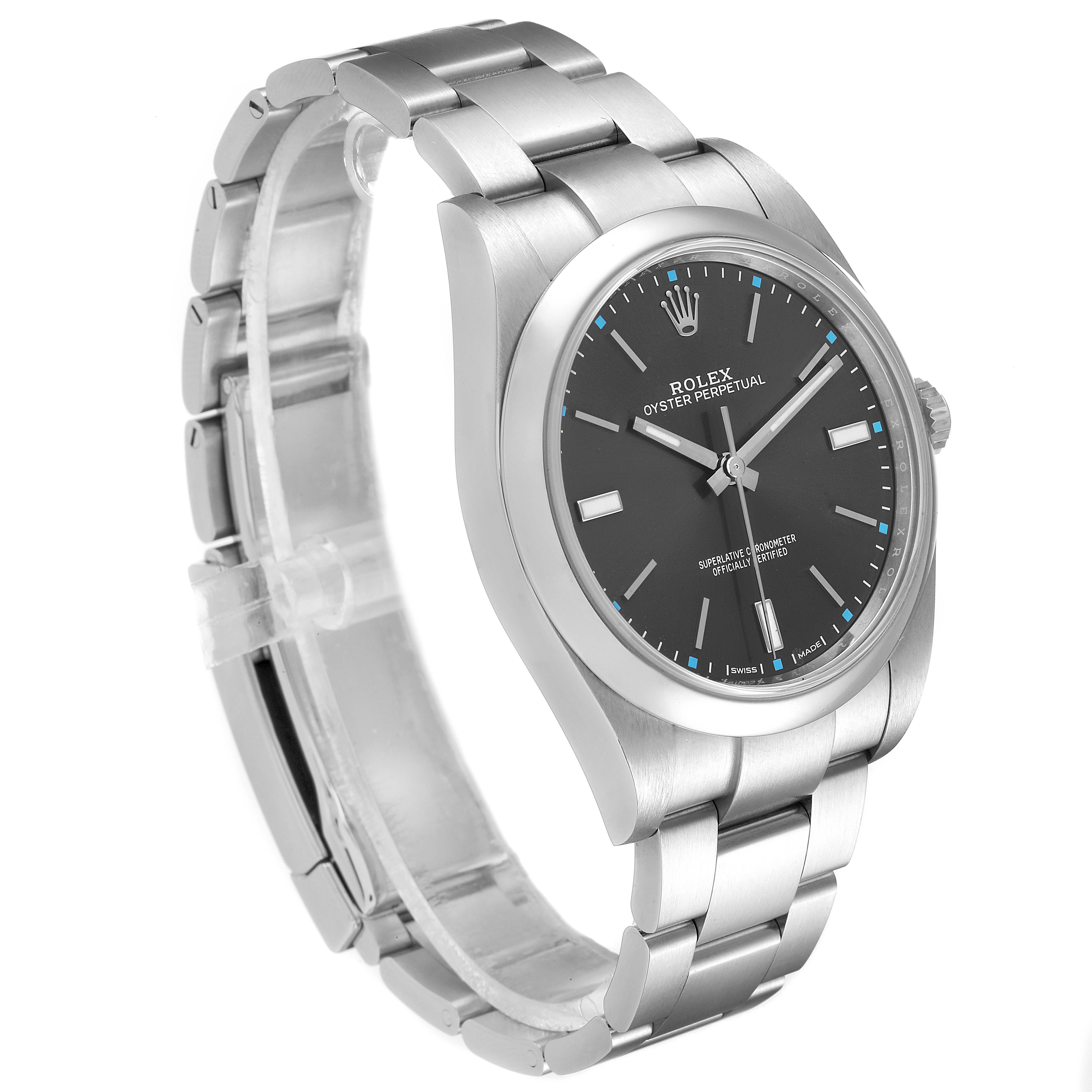 The image shows a Rolex Oyster Perpetual 114300 Men's Stainless Steel Grey Dial 114300 Men's Stainless Steel Grey Dial watch from a three-quarter angle, highlighting its face, bezel, and bracelet.