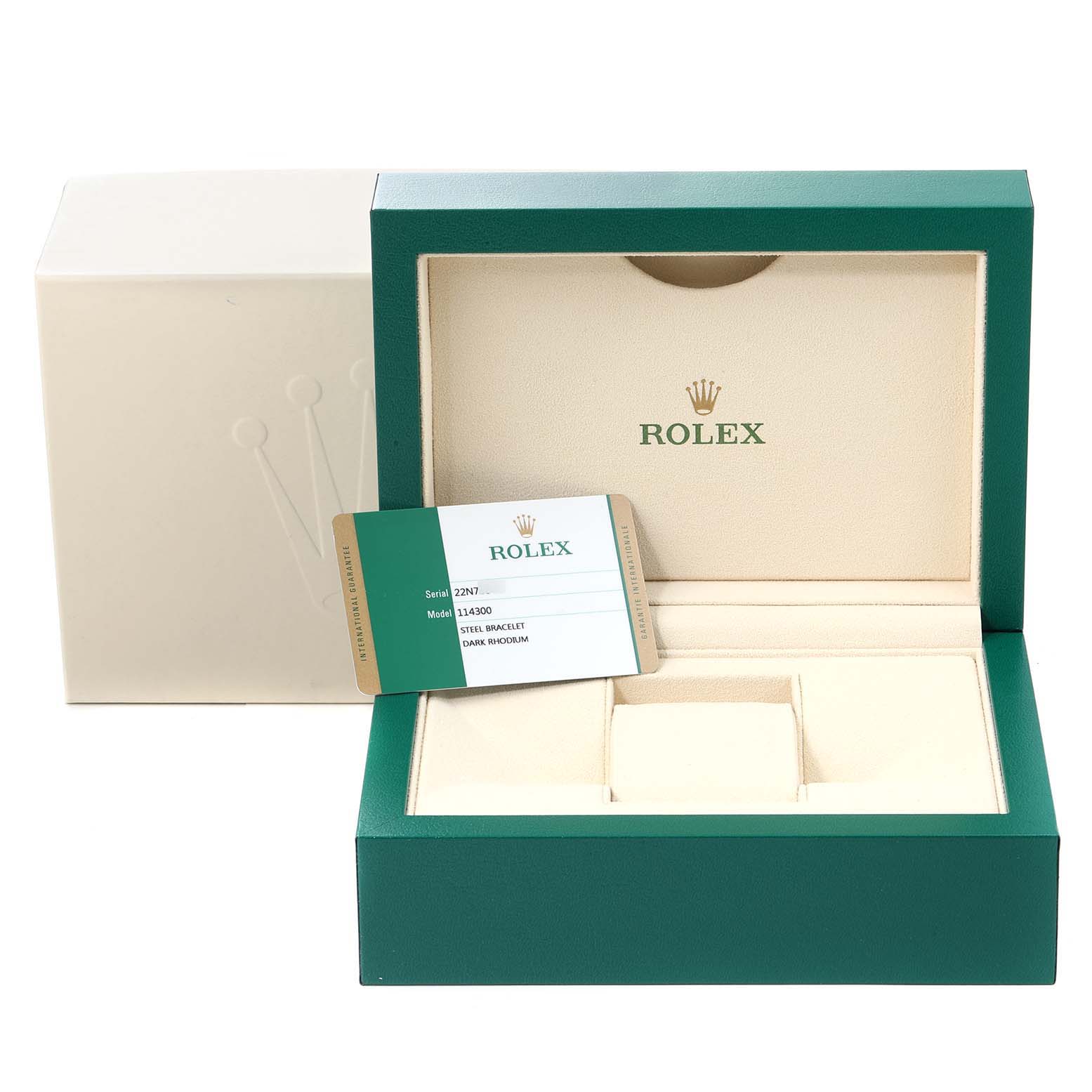 The image shows an open Rolex Oyster Perpetual 114300 Men's Stainless Steel Grey Dial 114300 Men's Stainless Steel Grey Dial watch box with the warranty card displayed in front.