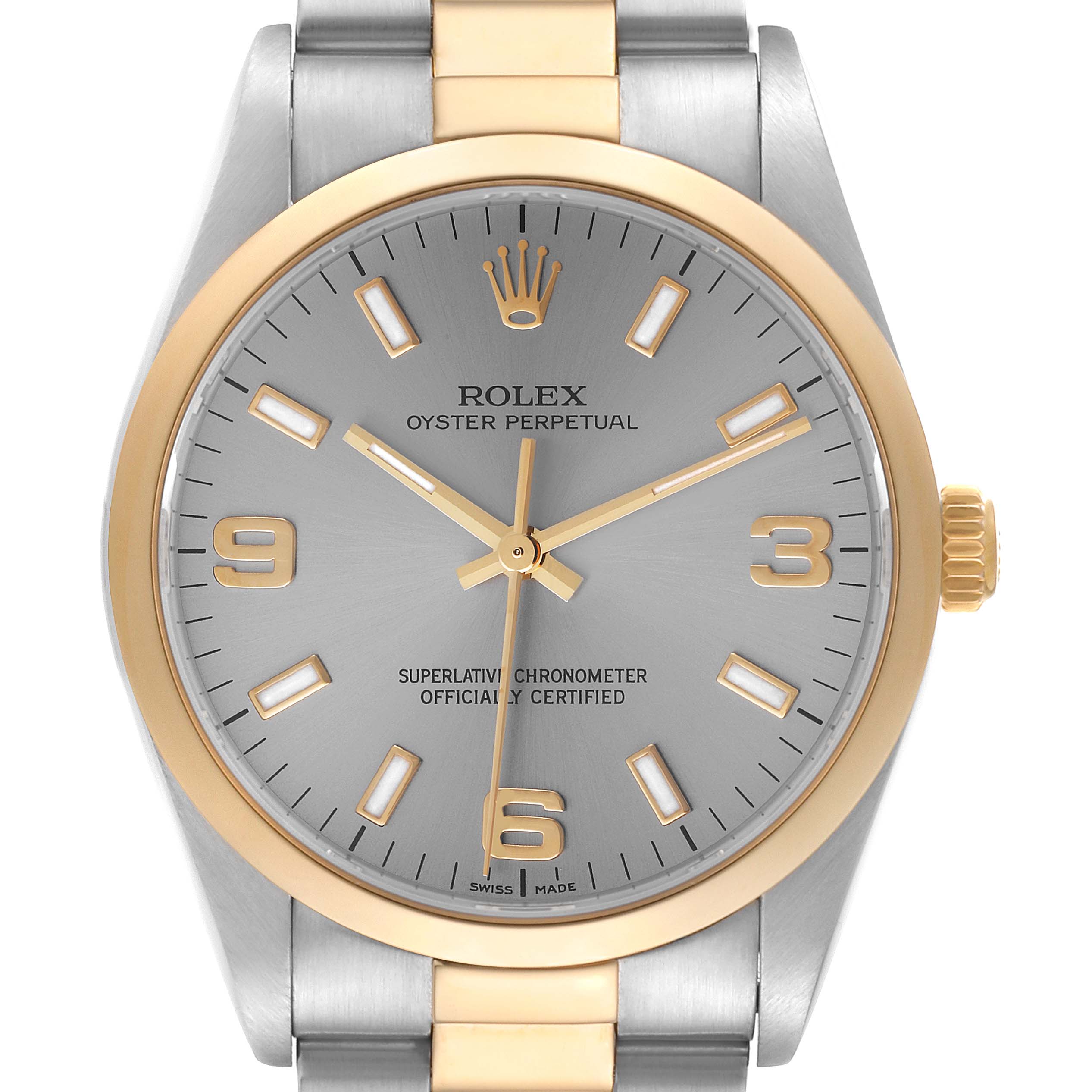 This image shows a front view of a Rolex Oyster Perpetual 14203 Men's Steel and Gold (two tone) Grey Dial 14203 Men's Steel and Gold (two tone) Grey Dial watch with a gold and silver bracelet and bezel.