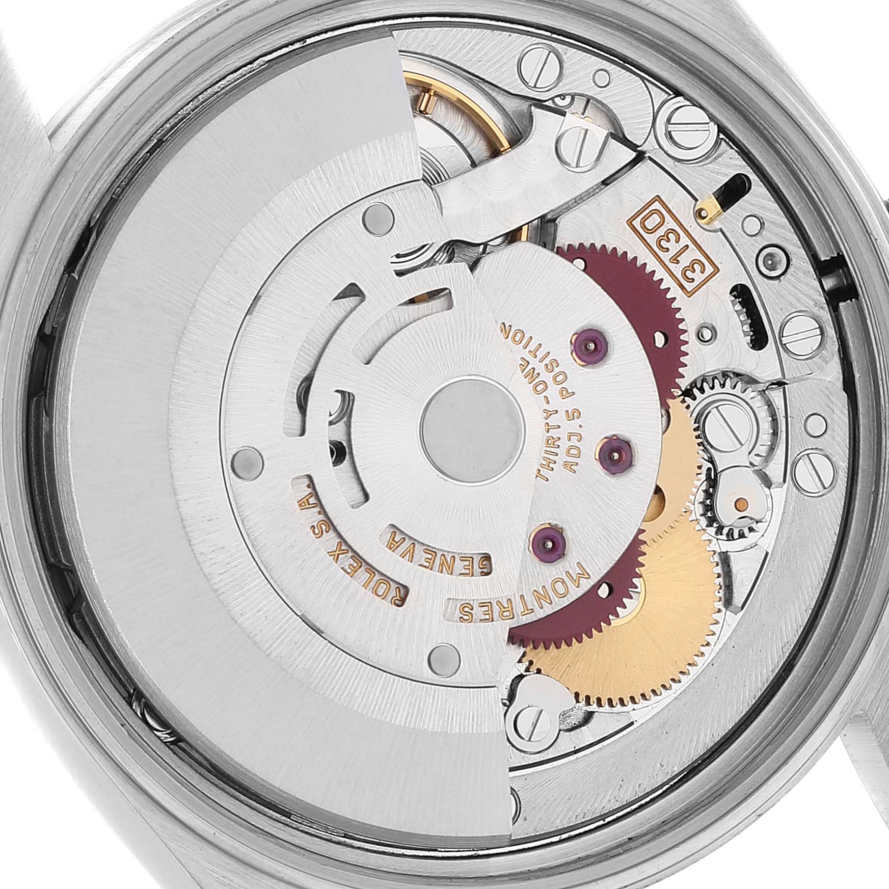 This image shows the intricate inner mechanics of a Rolex Oyster Perpetual 14203 Men's Steel and Gold (two tone) Grey Dial 14203 Men's Steel and Gold (two tone) Grey Dial watch, focusing on the movement components.