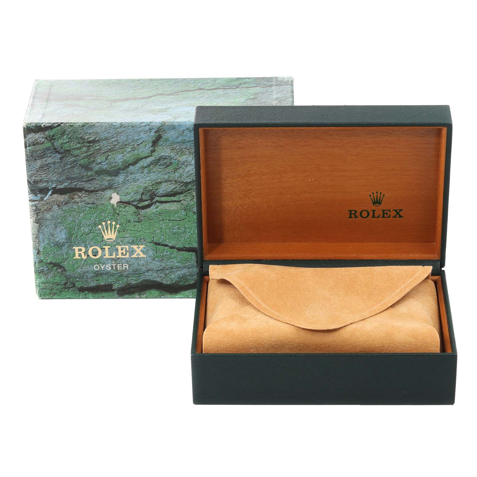 The image shows a Rolex Oyster Perpetual 14203 Men's Steel and Gold (two tone) Grey Dial 14203 Men's Steel and Gold (two tone) Grey Dial watch box and pouch with the lid open.