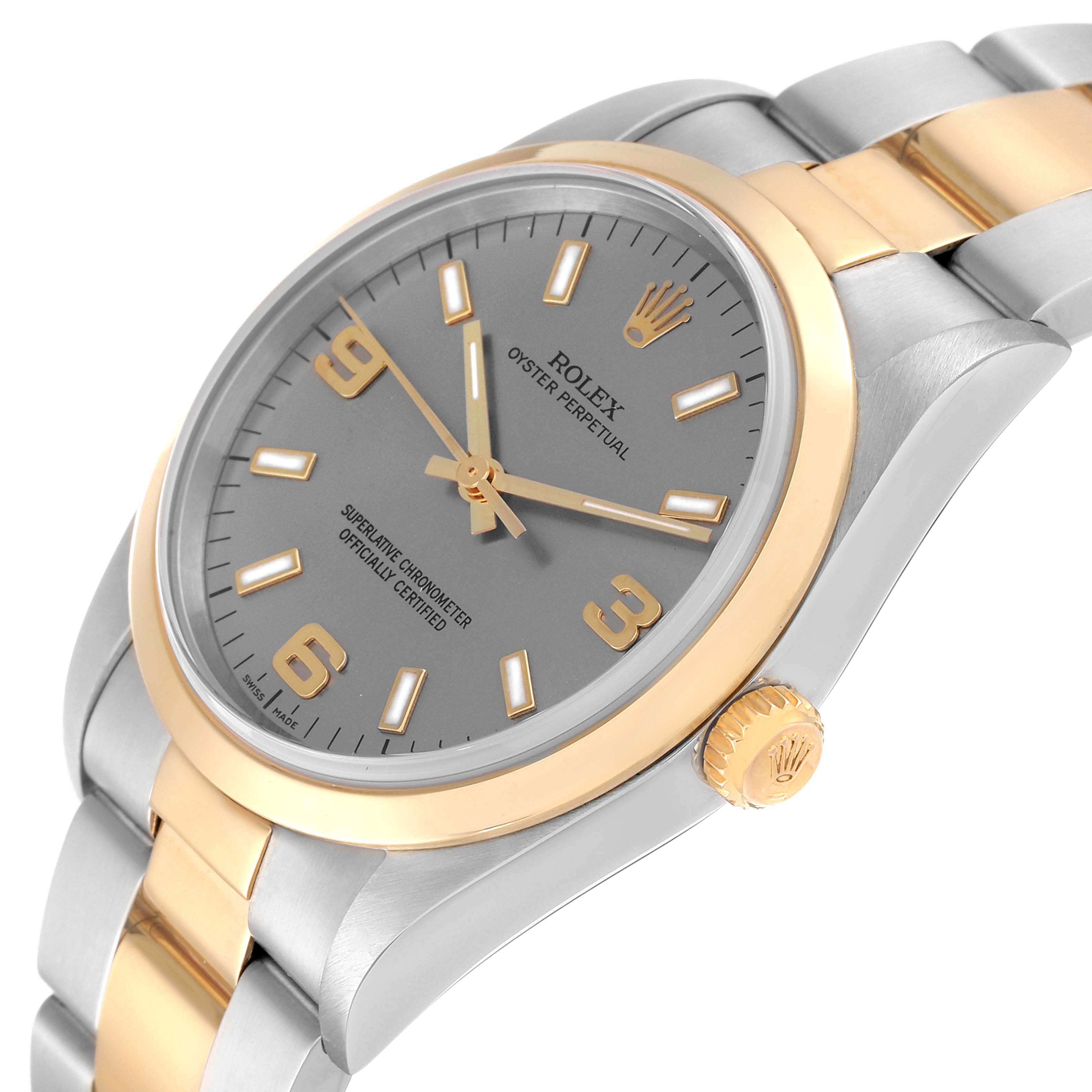 The image shows a Rolex Oyster Perpetual 14203 Men's Steel and Gold (two tone) Grey Dial 14203 Men's Steel and Gold (two tone) Grey Dial watch from a side angle, highlighting the dial, crown, and two-tone bracelet.