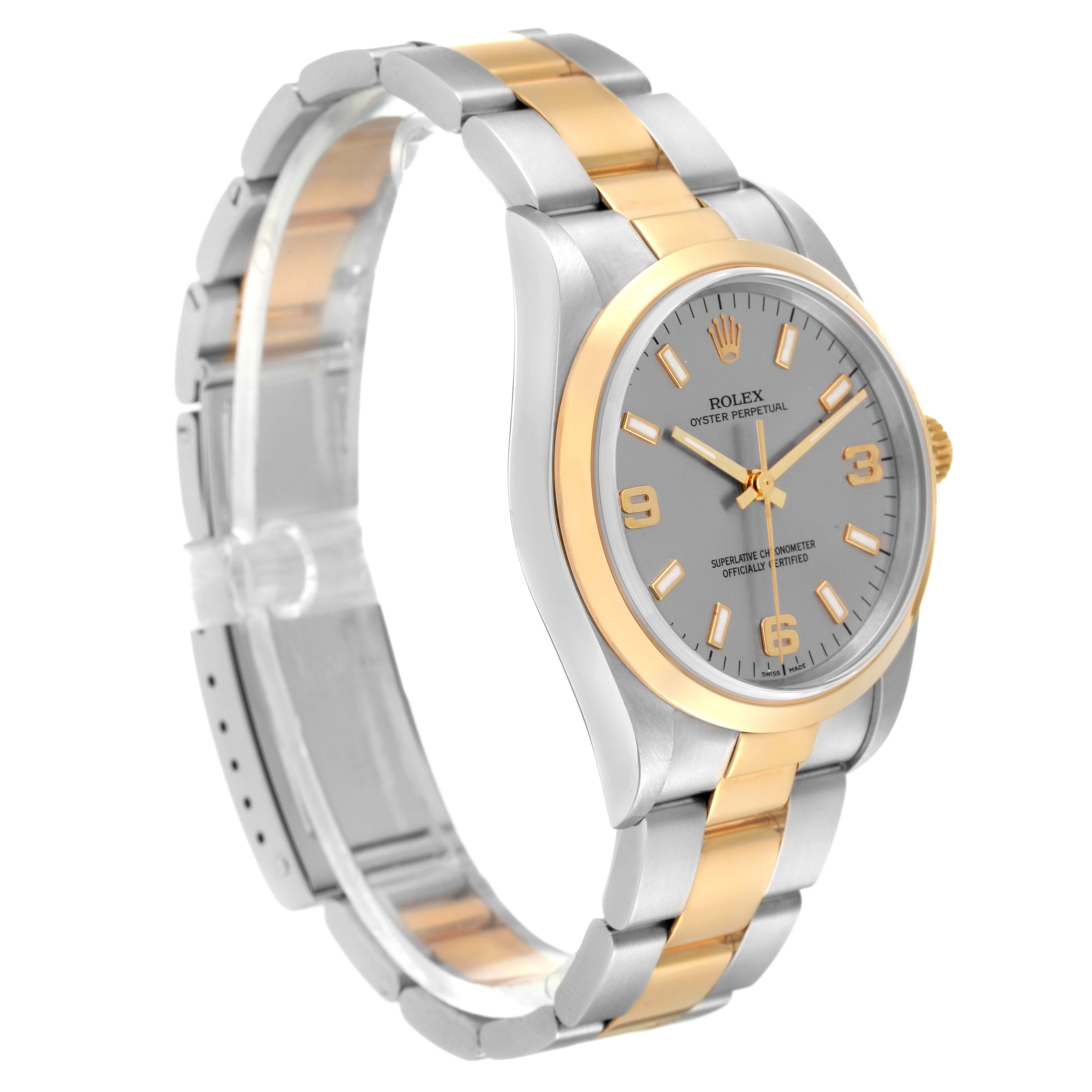 The image shows a side view of a Rolex Oyster Perpetual 14203 Men's Steel and Gold (two tone) Grey Dial 14203 Men's Steel and Gold (two tone) Grey Dial watch, highlighting its two-tone metal band and dial.