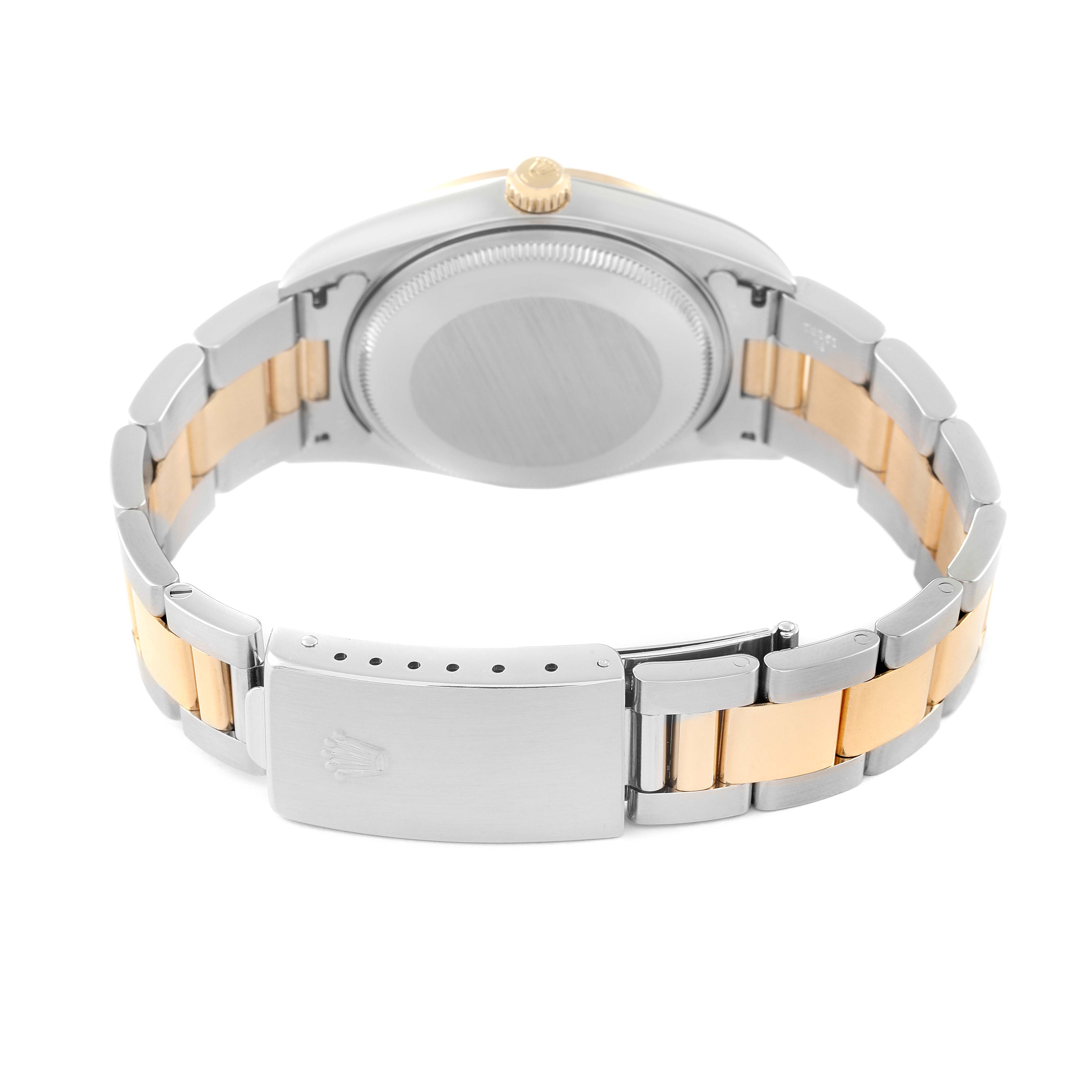 The image shows the Rolex Oyster Perpetual 14203 Men's Steel and Gold (two tone) Grey Dial 14203 Men's Steel and Gold (two tone) Grey Dial watch from a rear angle, highlighting the clasp, case back, and bicolor bracelet.