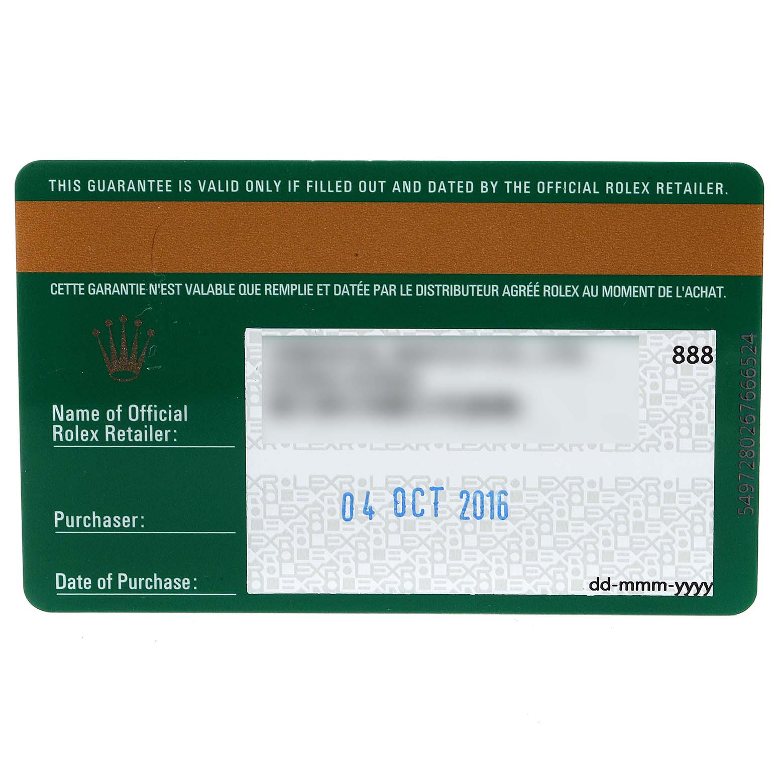 This image shows a guarantee card for a Rolex Oyster Perpetual 114300 Men's Stainless Steel Burgundy Dial 114300 Men's Stainless Steel Burgundy Dial watch, featuring purchase information and retailer details.