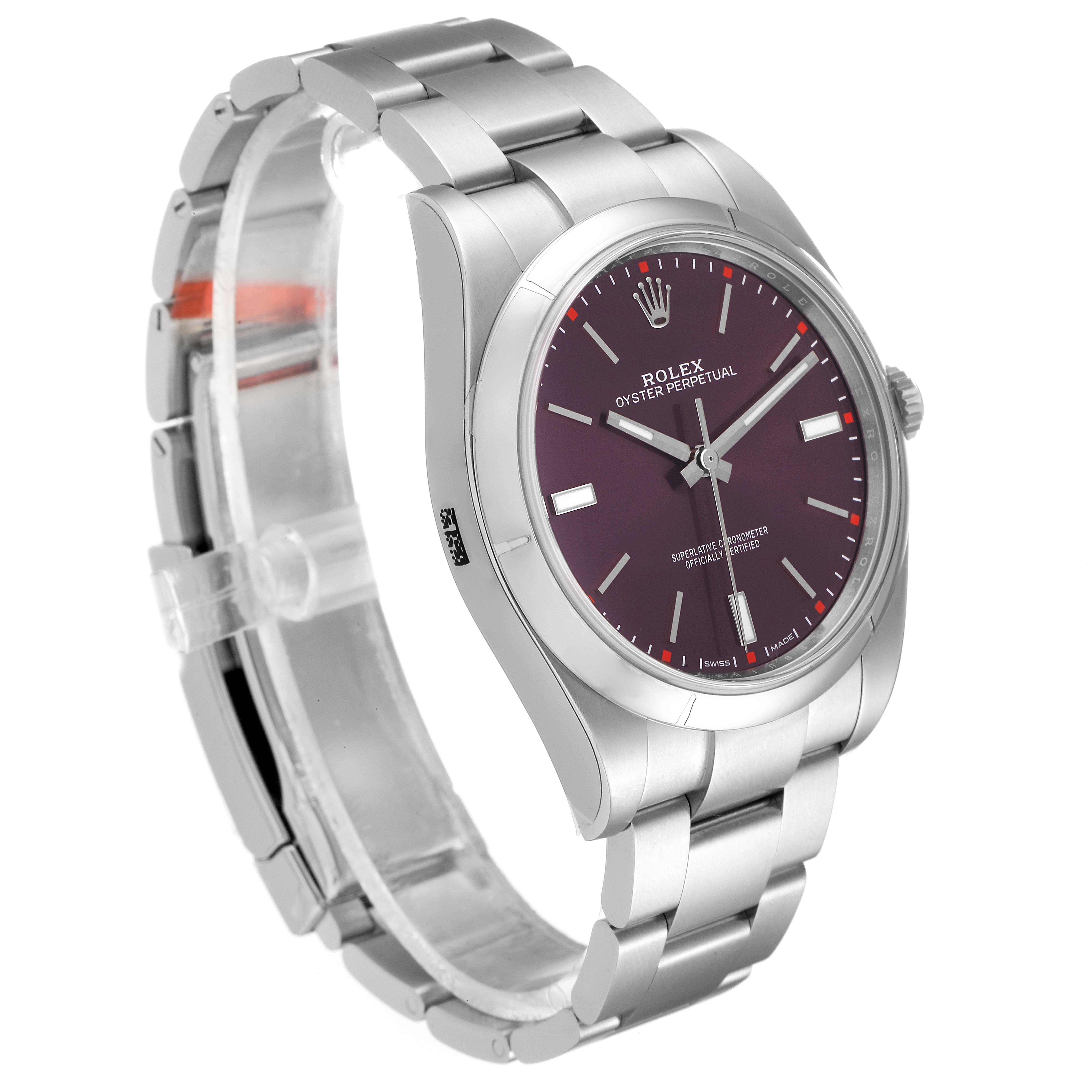 The Rolex Oyster Perpetual 114300 Men's Stainless Steel Burgundy Dial 114300 Men's Stainless Steel Burgundy Dial watch is shown from a front-left angle, displaying its face, bracelet, and crown.