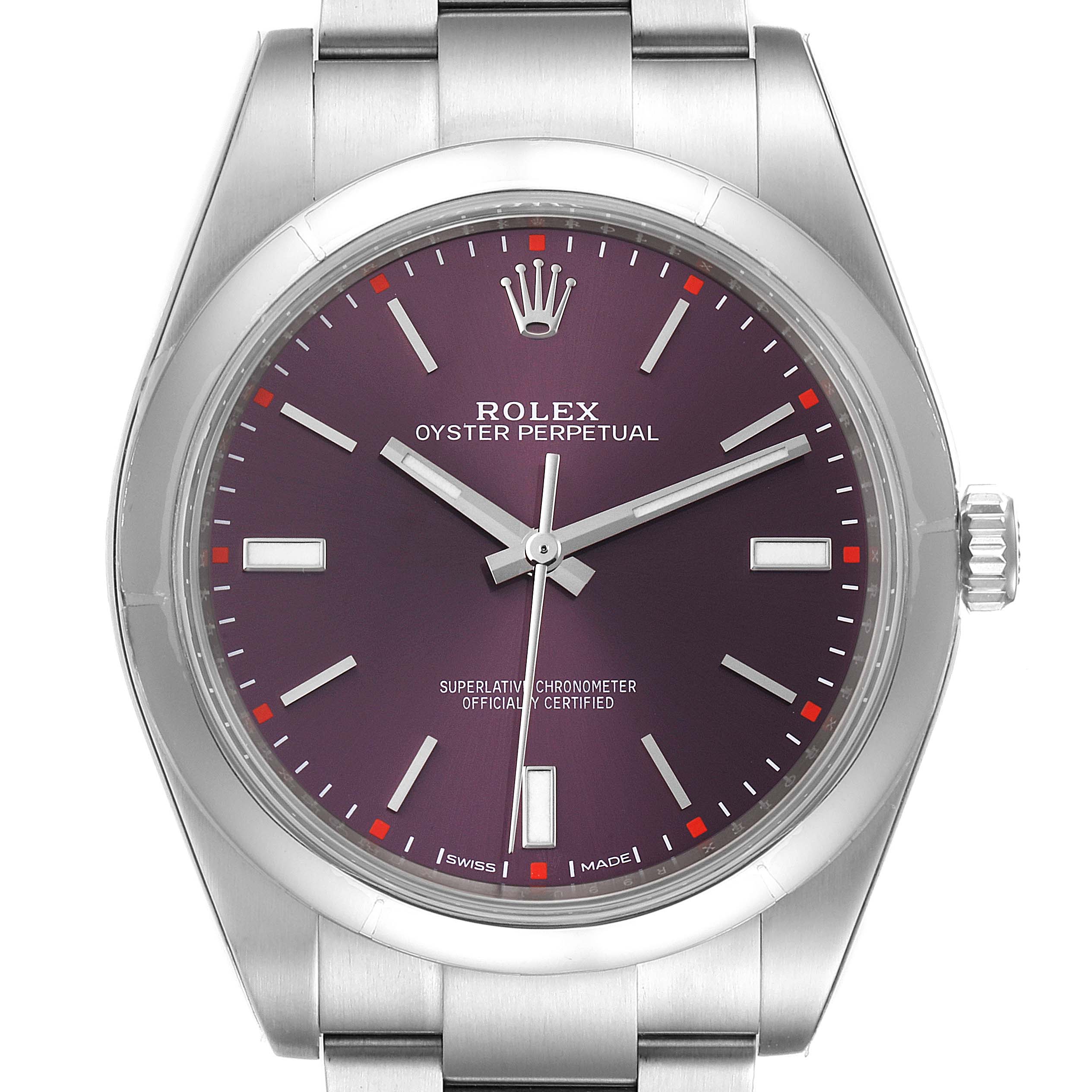 This image shows a front view of the Rolex Oyster Perpetual 114300 Men's Stainless Steel Burgundy Dial 114300 Men's Stainless Steel Burgundy Dial watch, highlighting its dial, hands, crown, and bracelet.