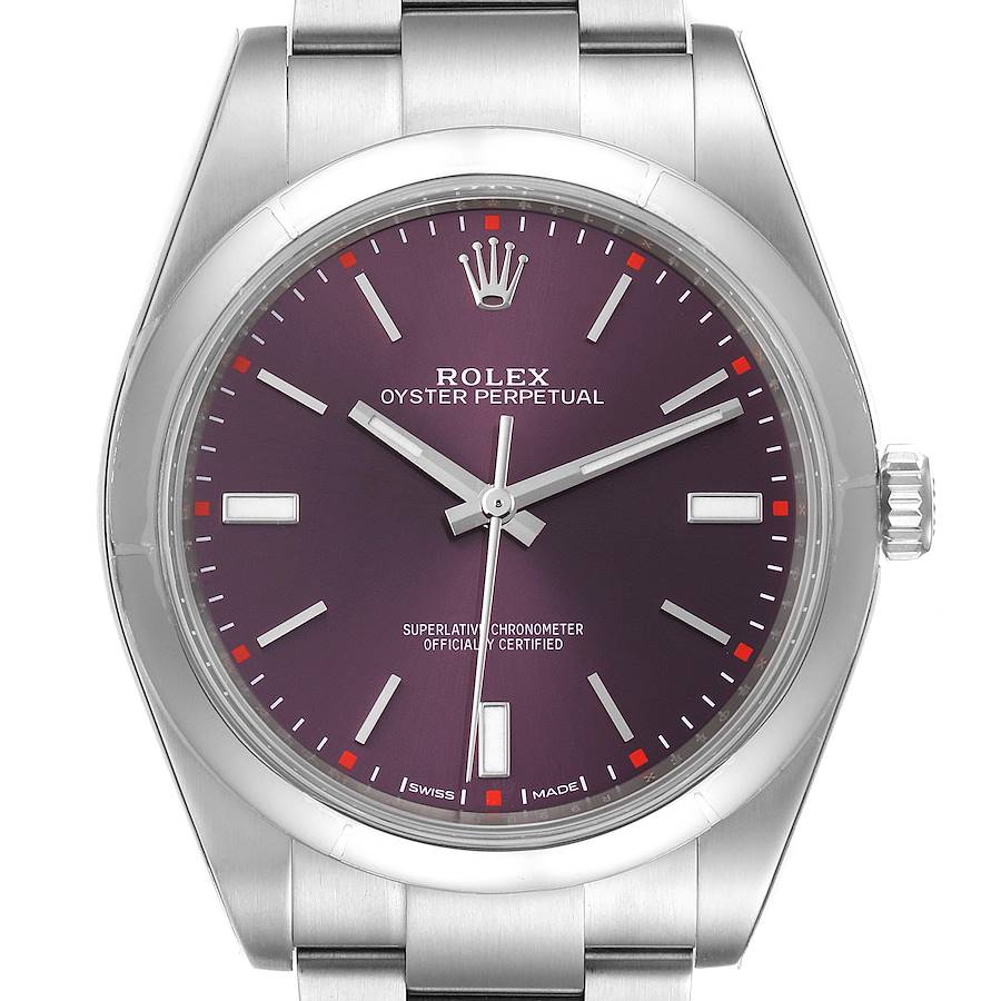 Rolex Oyster Perpetual Red Grape Dial Steel Mens Watch 114300 Unworn SwissWatchExpo