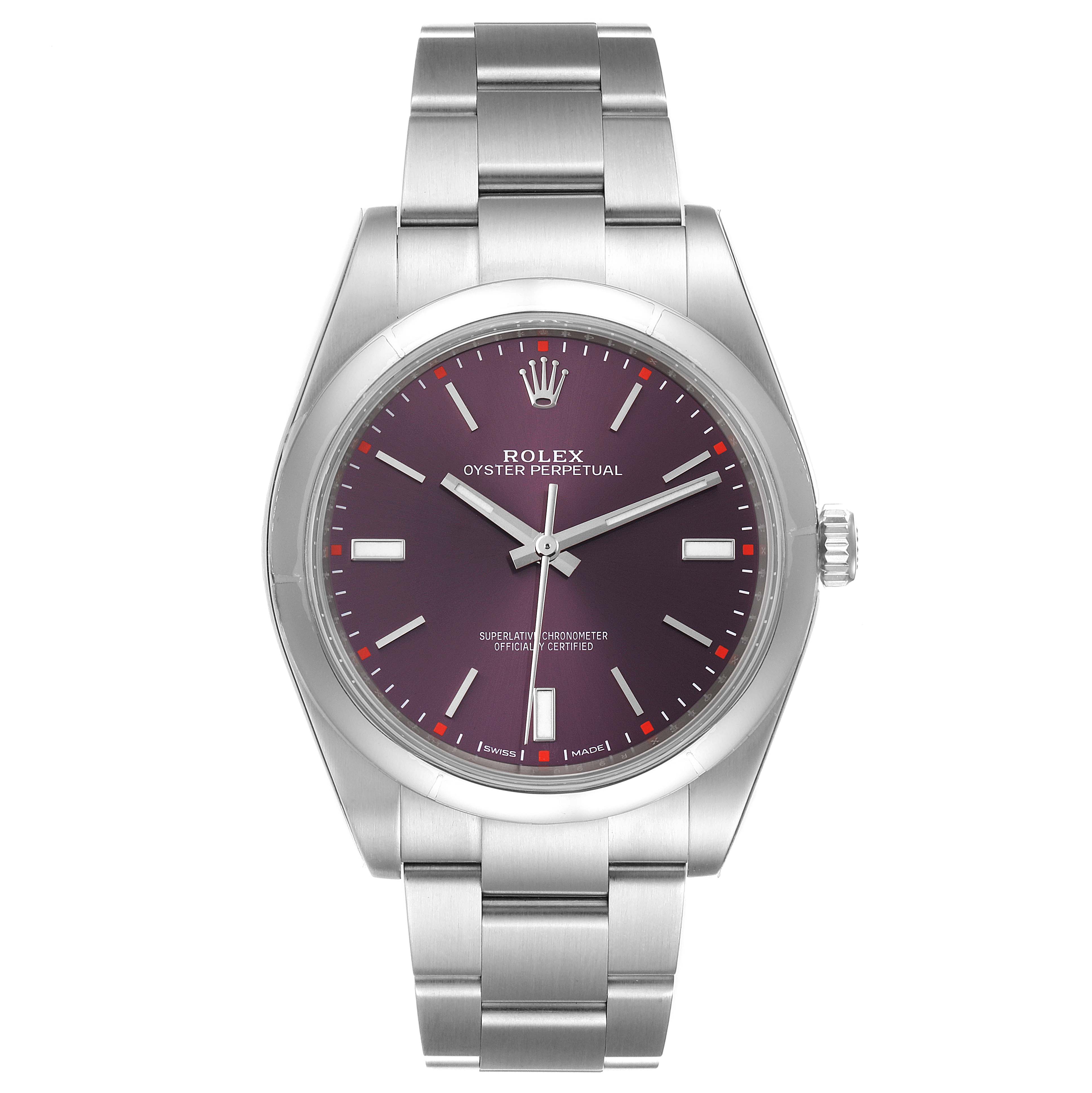 The image shows a frontal view of the Rolex Oyster Perpetual 114300 Men's Stainless Steel Burgundy Dial 114300 Men's Stainless Steel Burgundy Dial watch, displaying the face, bezel, crown, and stainless steel bracelet.